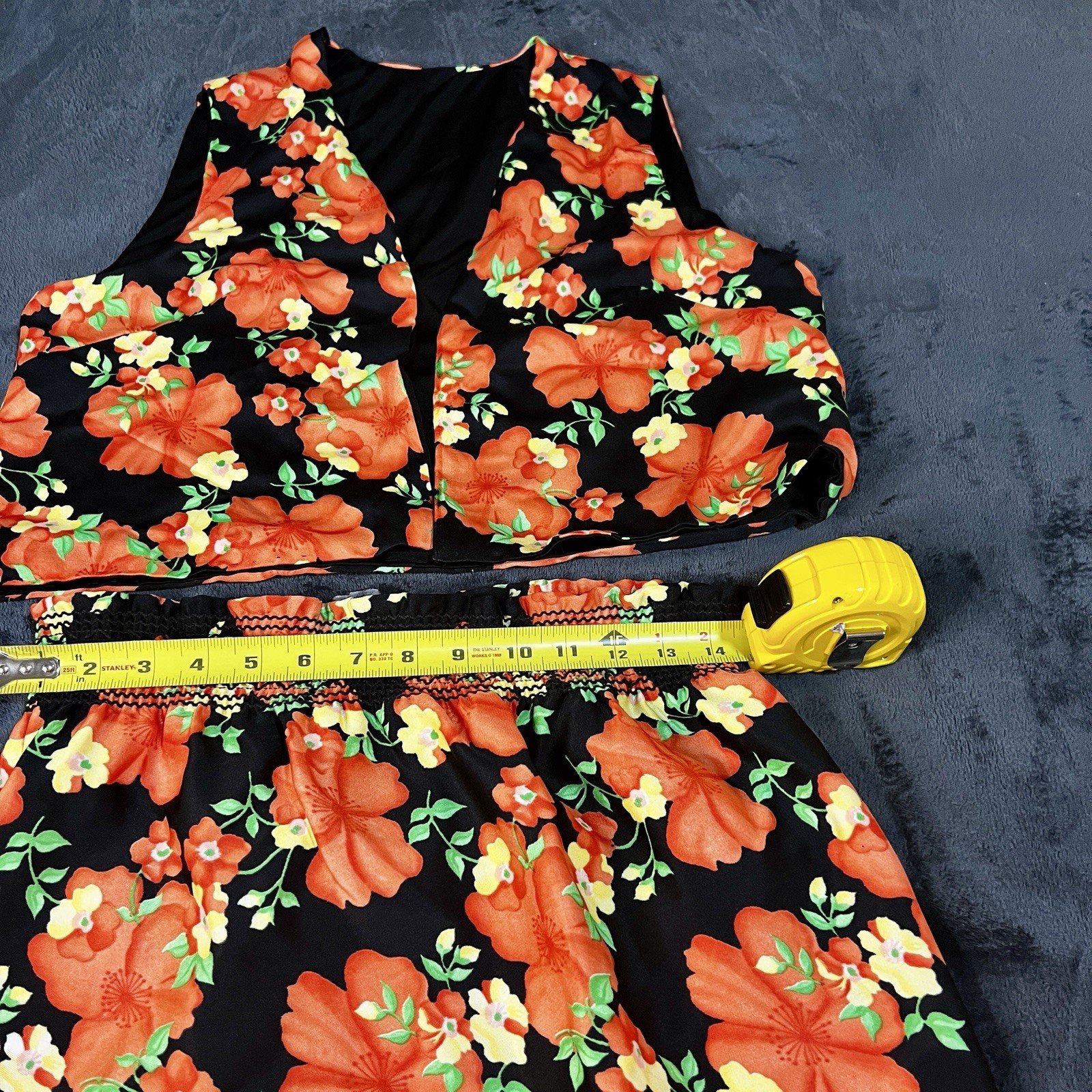 Vtg Wms 2Pc Floral Coral Vest Mini Skirt Retro Preppy Mod Boho Casual Set M/L
