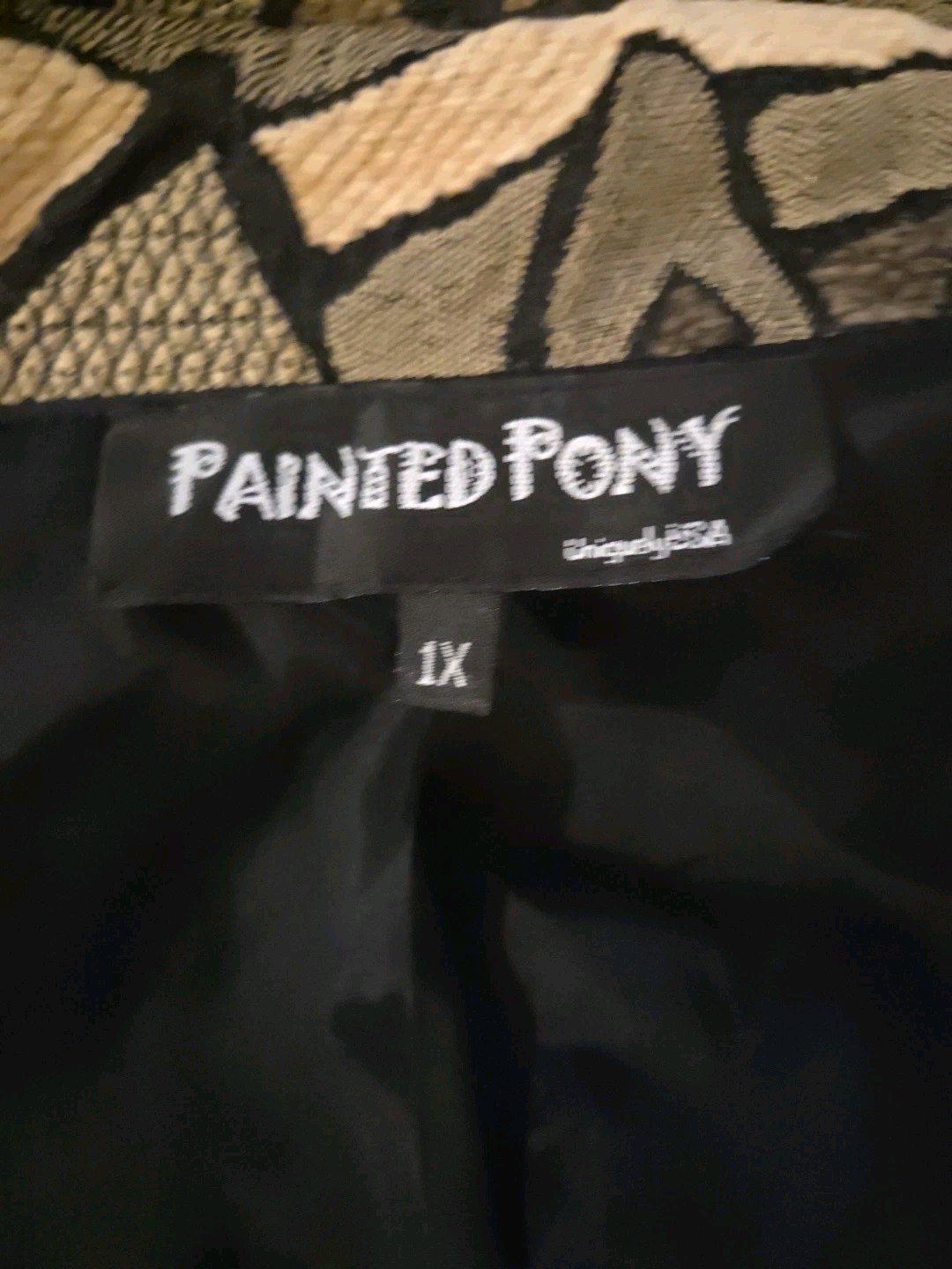 Vintage Painted Pony Open Front Jacket Artsy Textile Geometric USA Made Size 1X