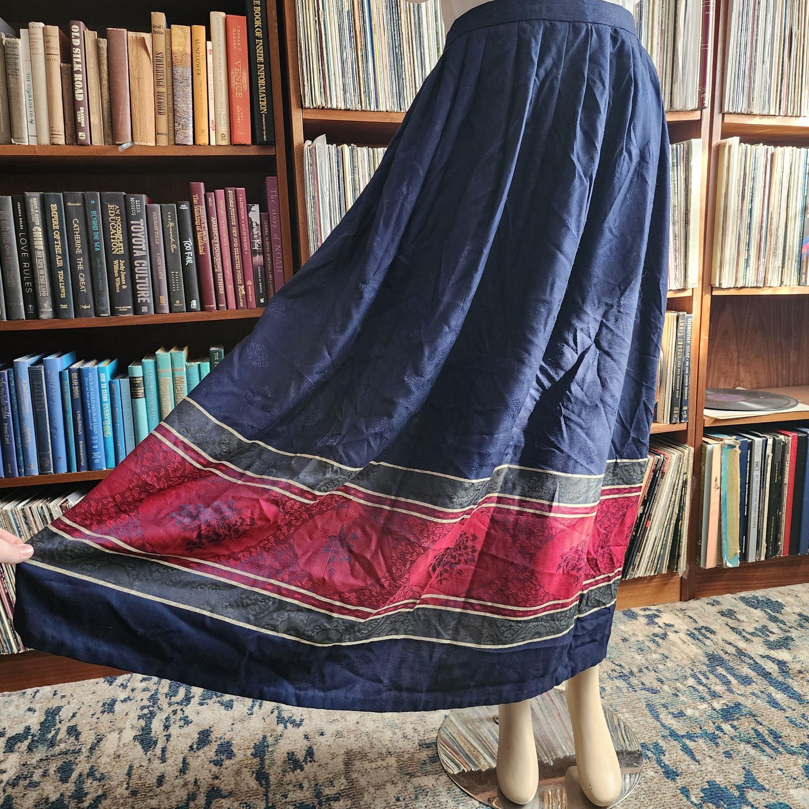 Vintage 1960s Villager Wool Blend Maxi Skirt Navy Blue Red Stripe Made in USA M