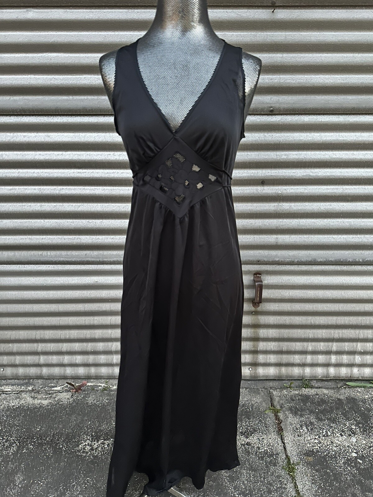 Vintage 80s Black AVIAN Lace Long Lingerie Nightgown Dress Sleepwear – S