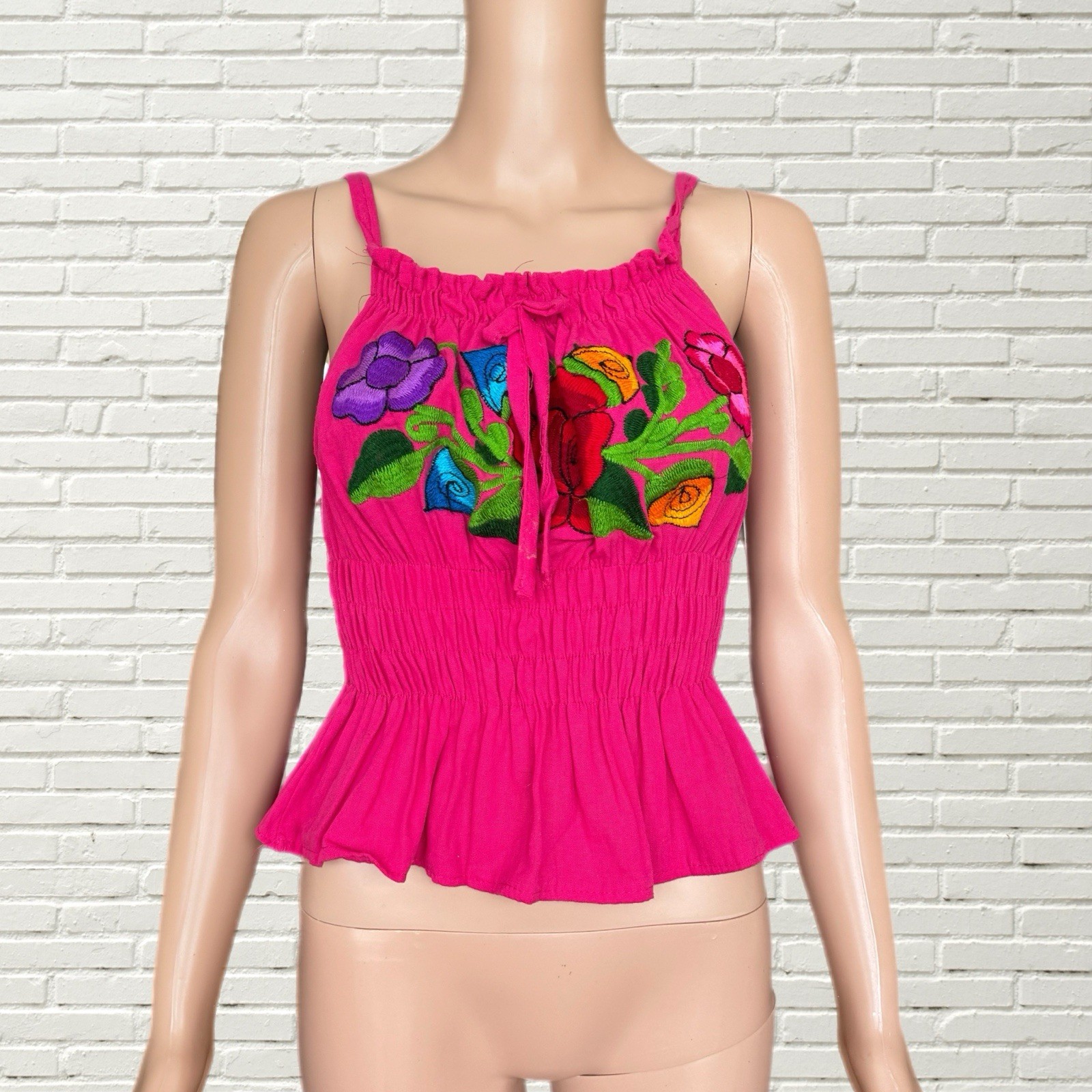 Vintage 70s Embroidered Tank Top – Pink Multicolor Flower Embroidery Hippie Boho