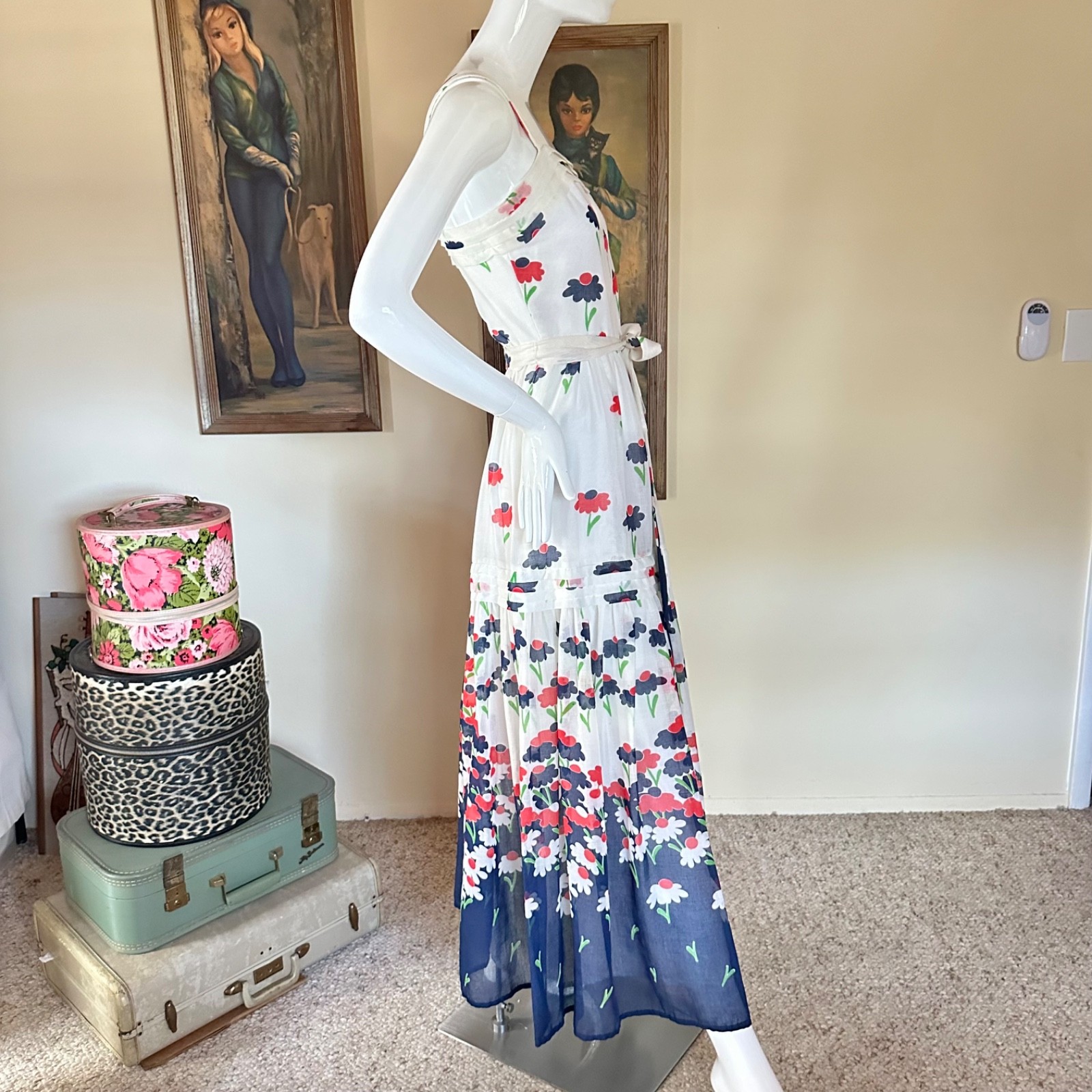 Vintage 1970s Hippie Daisy Garden Maxi Dress Red White & Blue Sundress S