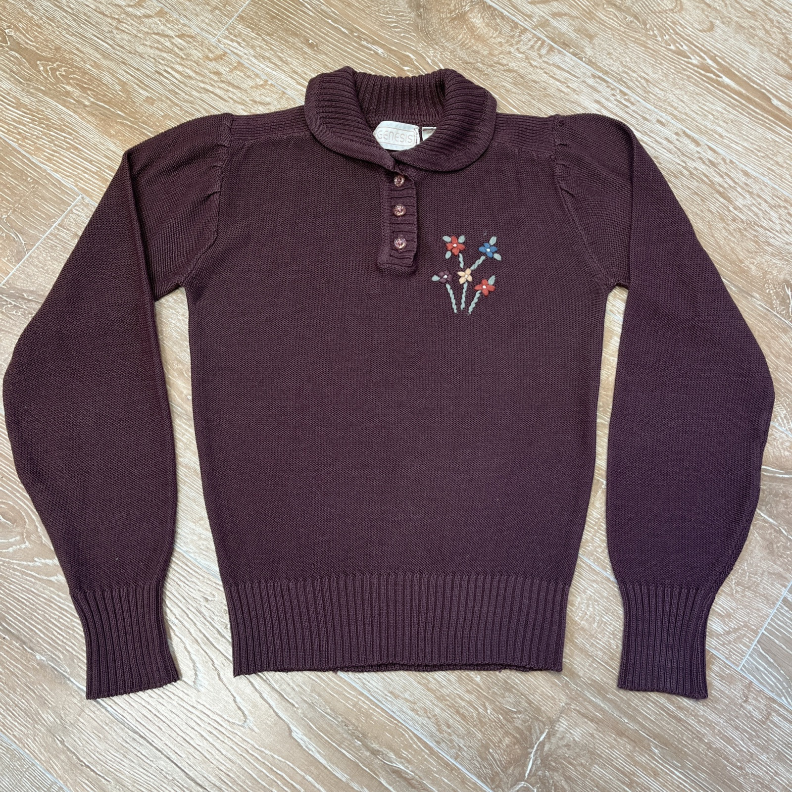 VTG Genesis Sweater With Stitched Yarn Flowers Brown Knit 1980s *Size In Photos