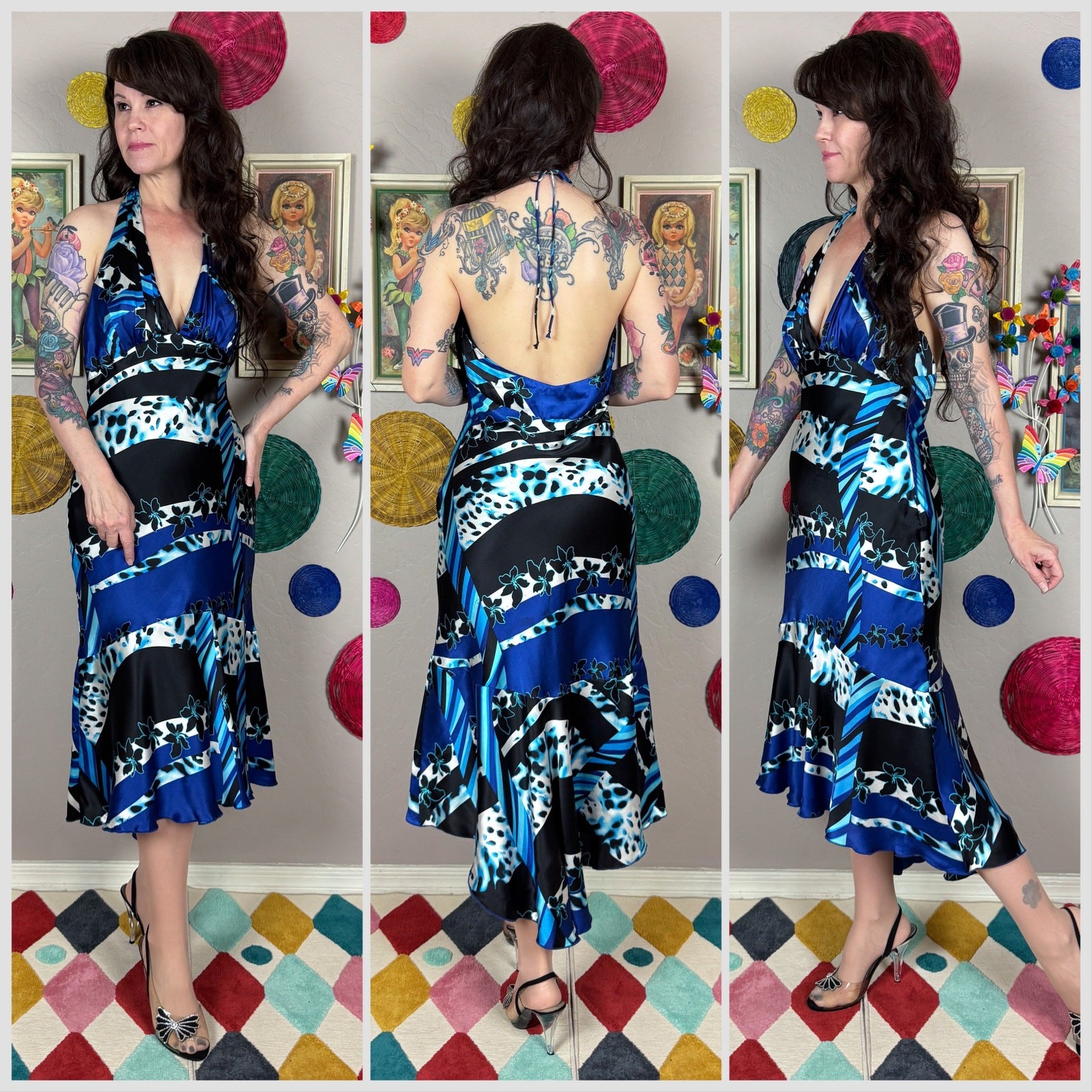 Vintage 1990s Blue & Black Abstract Print Silk Backless Halter Dress | 32″ Waist
