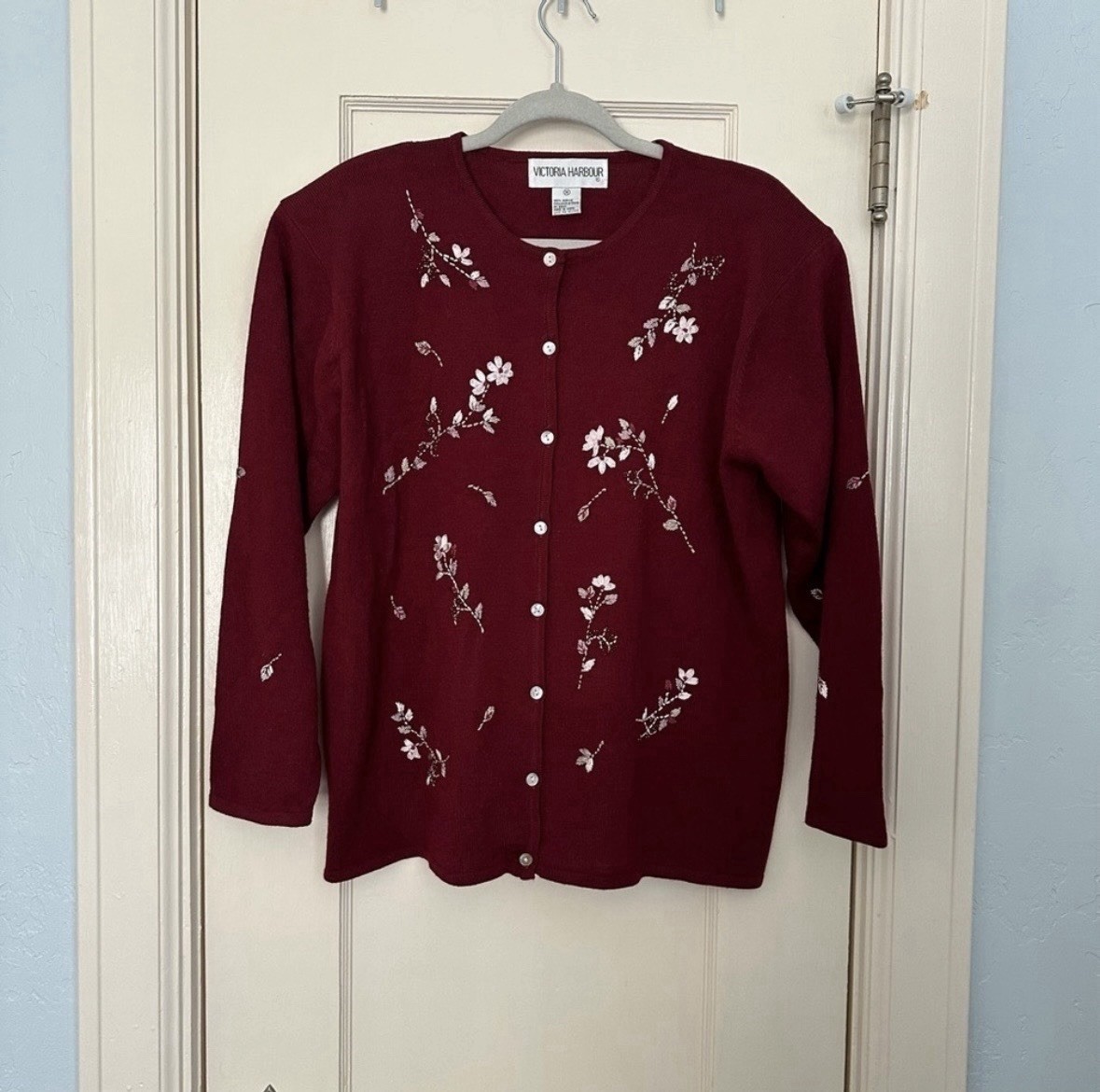 Victoria Harbour Vtg Cardigan Burgandy Beaded Cottagecore Granny Embroidery Sz M