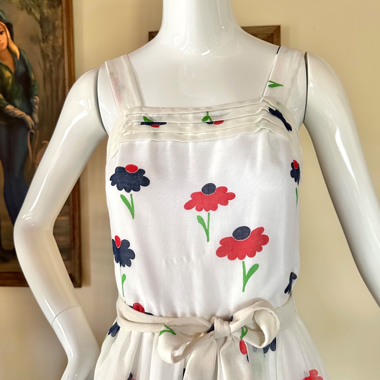 Vintage 1970s Hippie Daisy Garden Maxi Dress Red White & Blue Sundress S