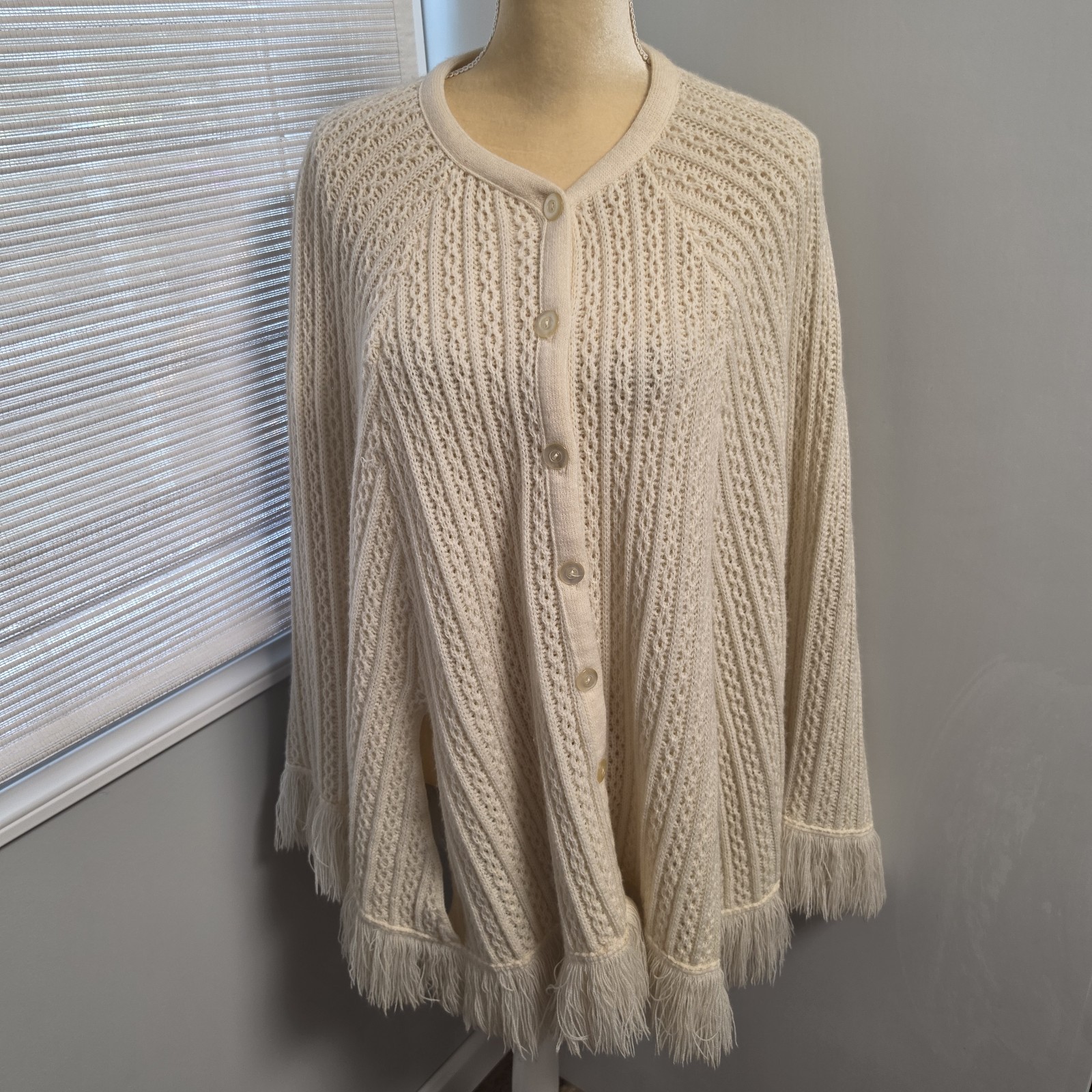 Vintage Poncho Shawl Cape With Fringe Orlon Acrylic Button Front Hand Arm Slits