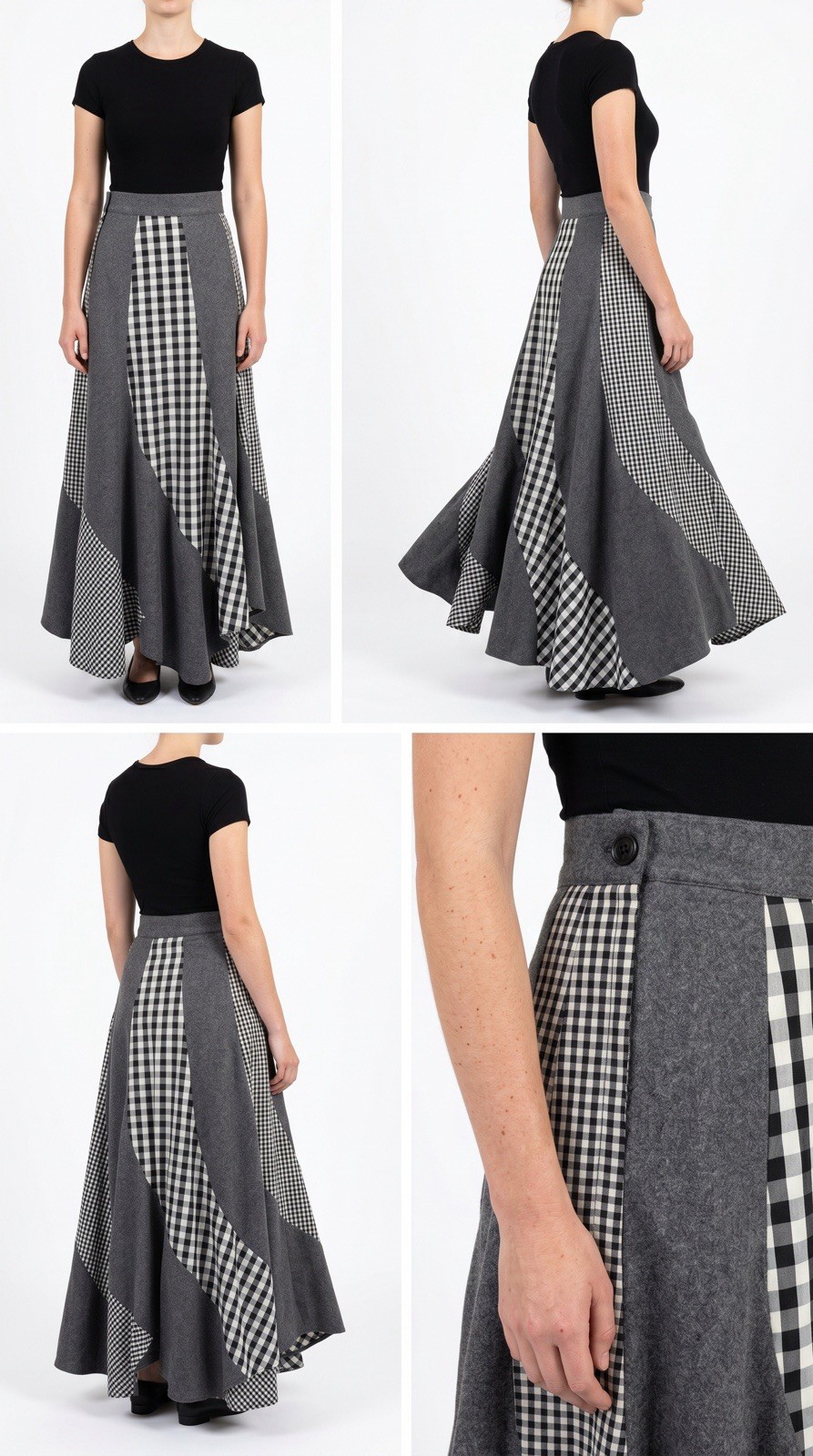 Vintage 70’s ARTBRO Black & White Plaid Check Gray Wool Patchwork Maxi Skirt Sml