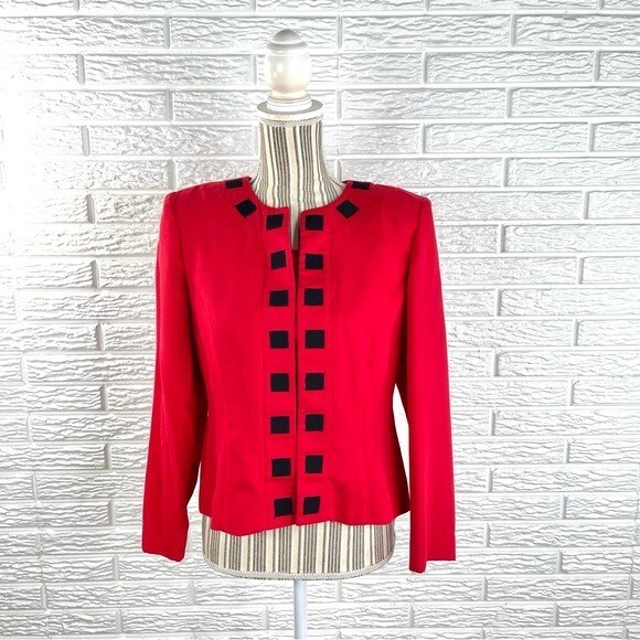 Vtg Leslie Fay Red Cropped Jacket Black Square Trim Shoulder Pads Sz 8 Petite