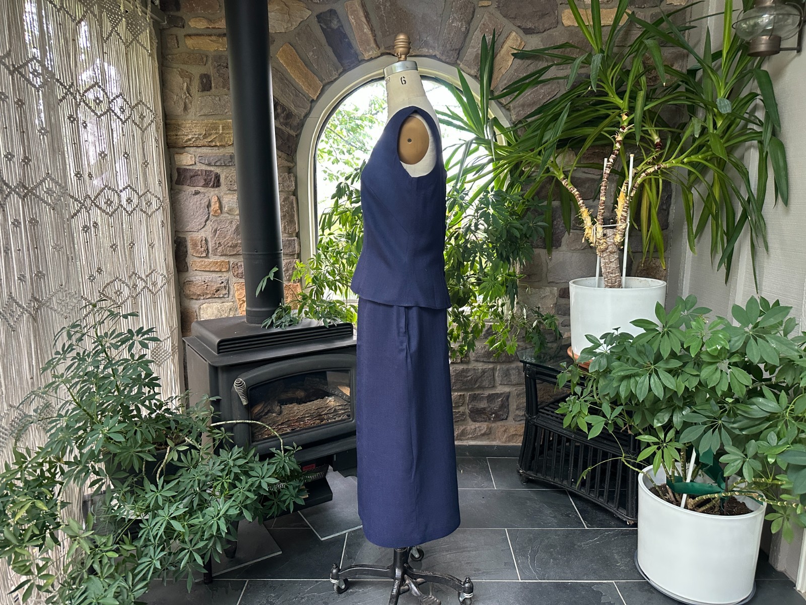 Vintage 1950s Nelly de Grab Navy Blue Textured Linen Look Rayon Skirt Suit Set