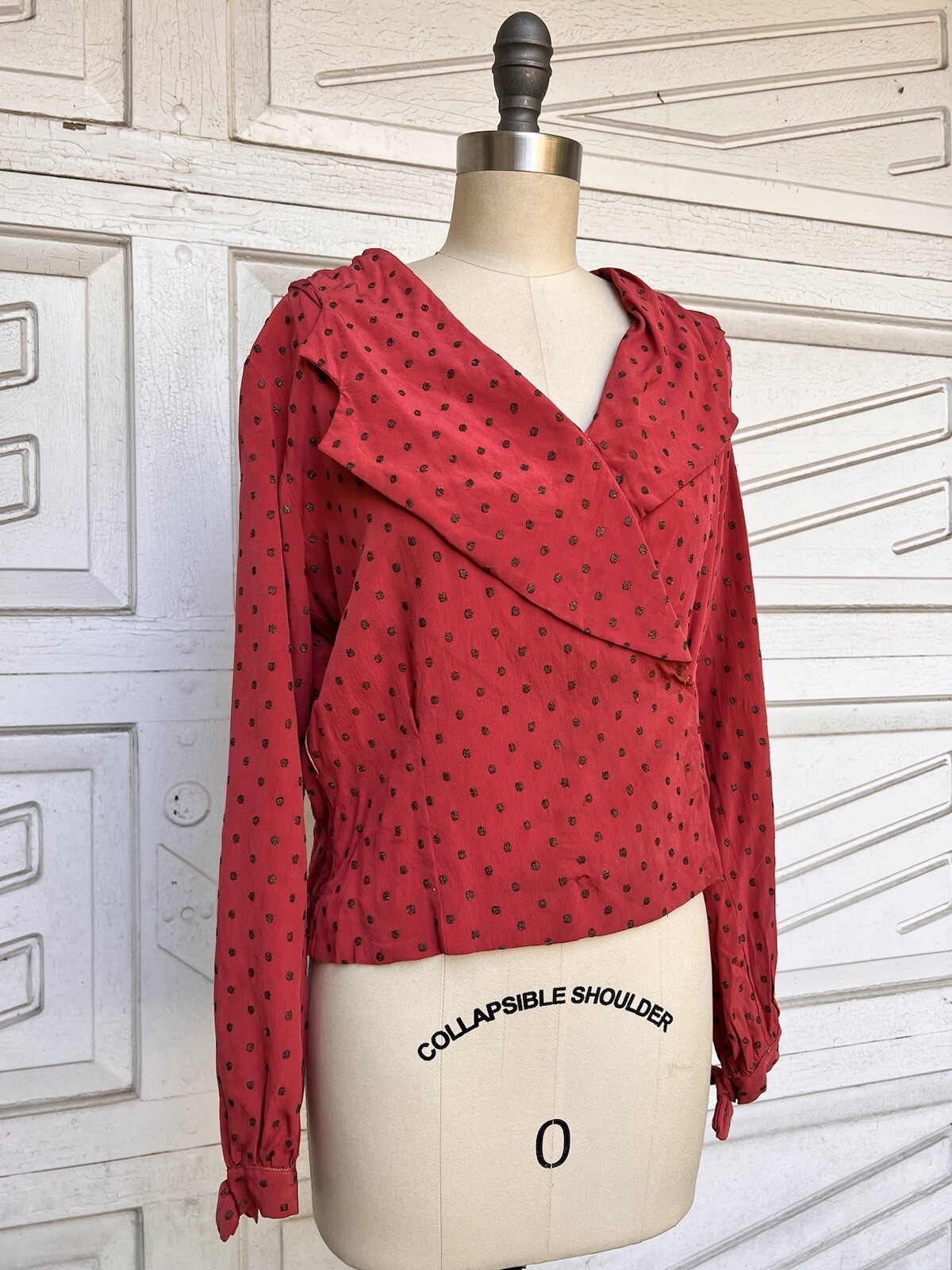 Vintage 1930s 40s Raspberry Silk Blouse Shirt Gold Metallic Dot Embroidery Bows