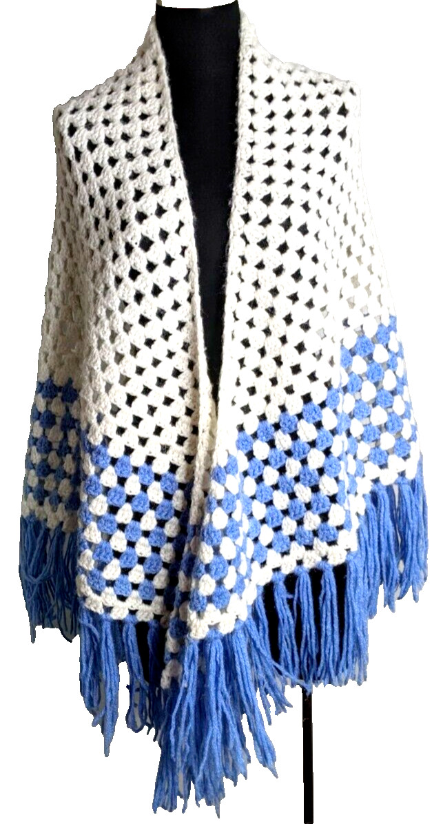 Handmade Knit Shawl Hippie Boho Poncho Sweater Cape Fringe Cottage Granny Core