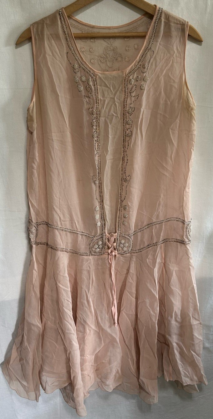 Women’s Flapper Dress Sheer Chiffon Beads Authentic Lg Roaring 20’s 30’s