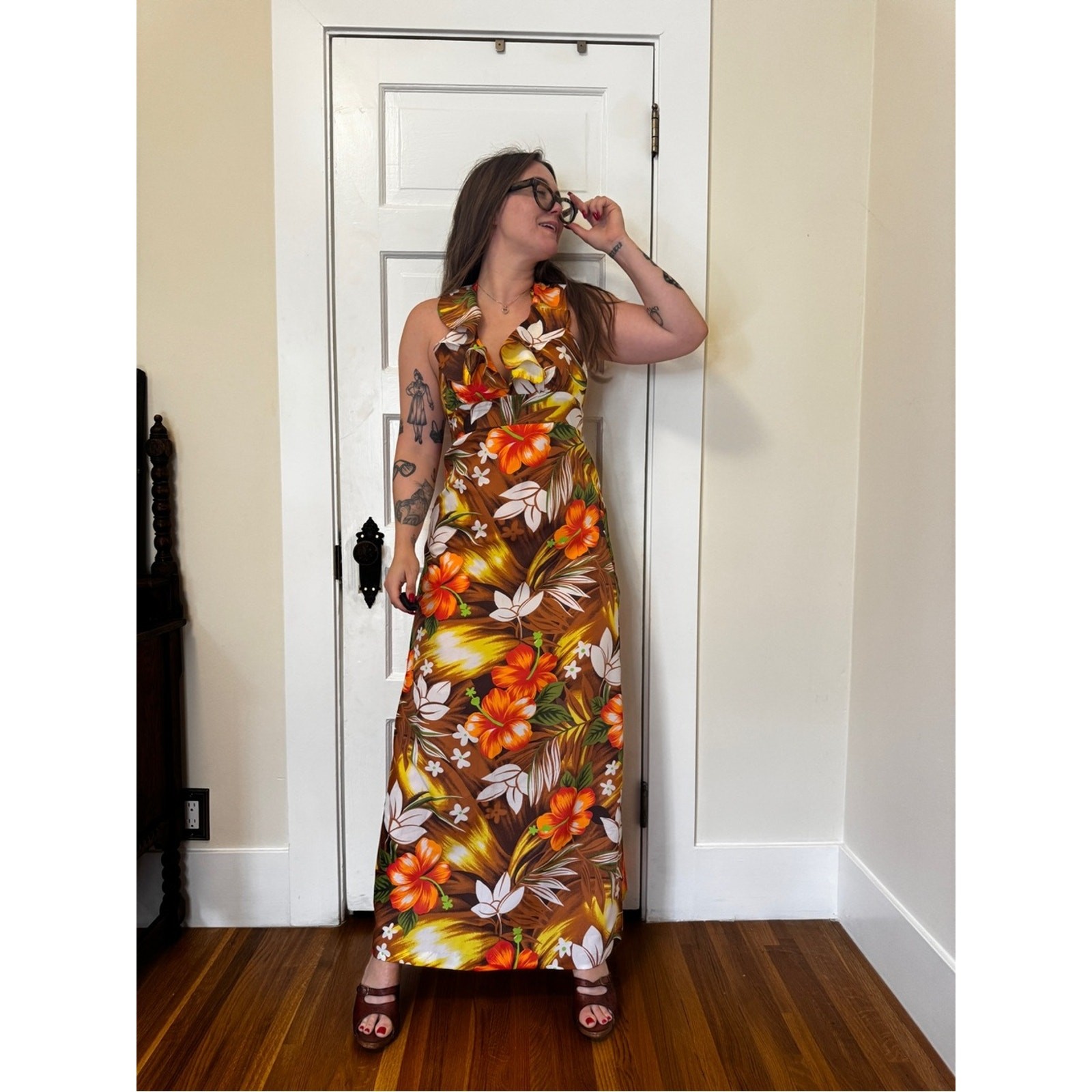 70s Vintage Hawaiian Brown Floral Halter Dress Sz M