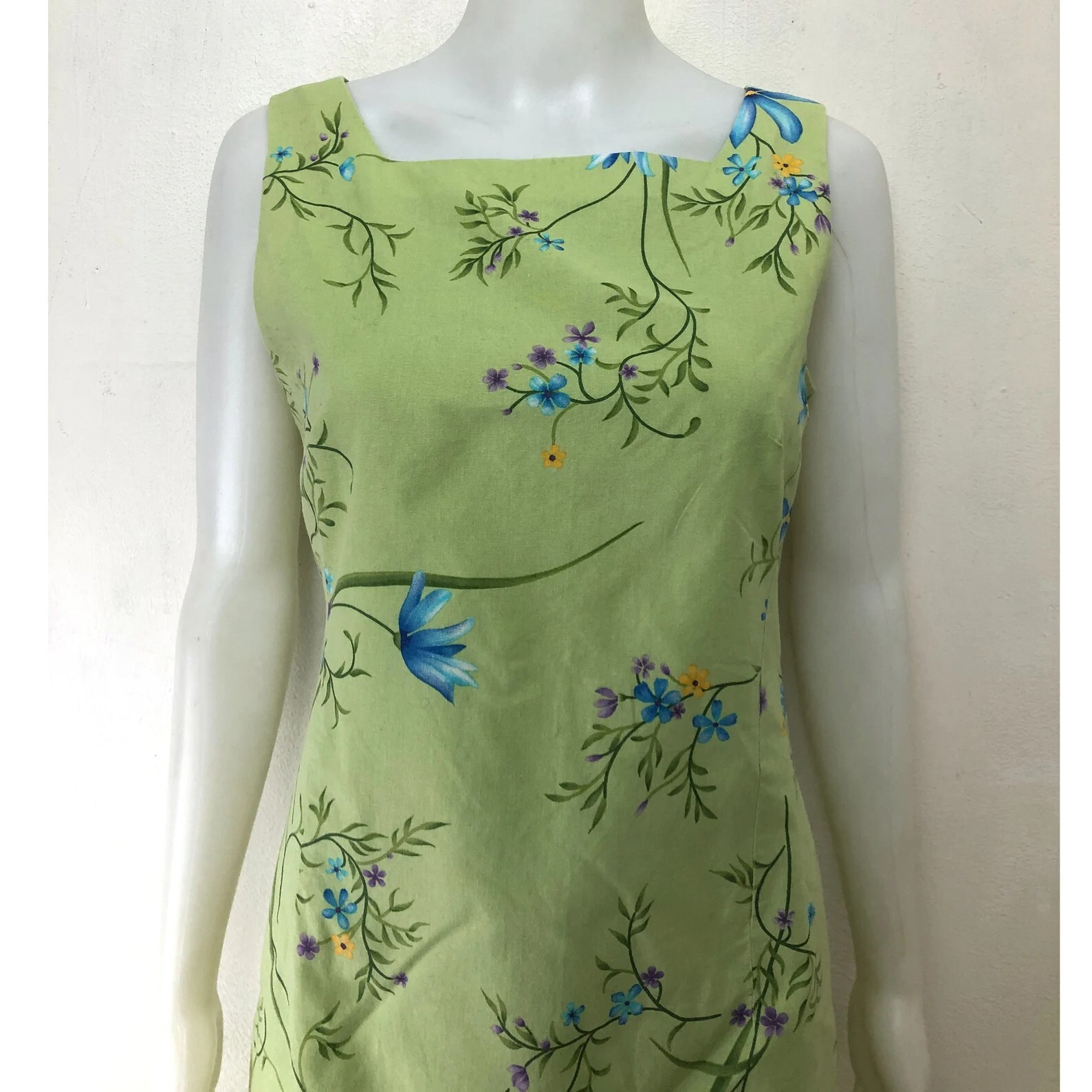 Vintage Floral Cotton Dress Size Small 1990s Green Flower Pattern Sheath