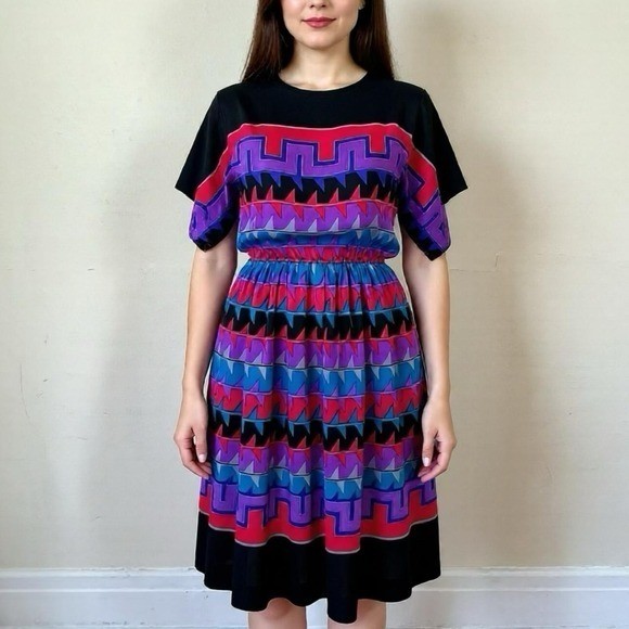vintage silk kimono sleeve dress | Greek azrec design | 80s jewel tone midi