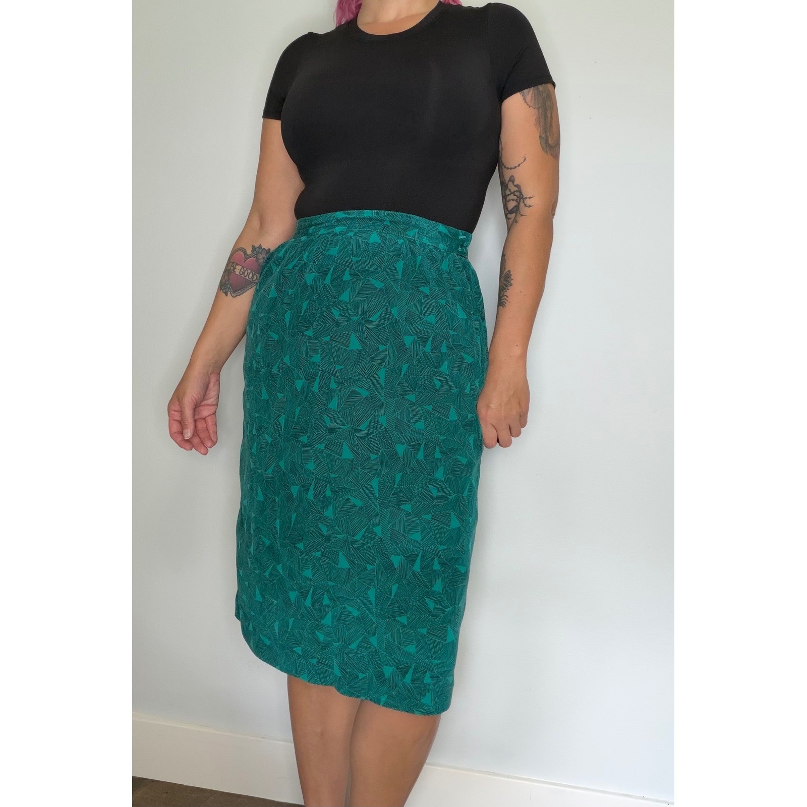 Vintage 80’s Nora Noh – Silk Green Print Skirt