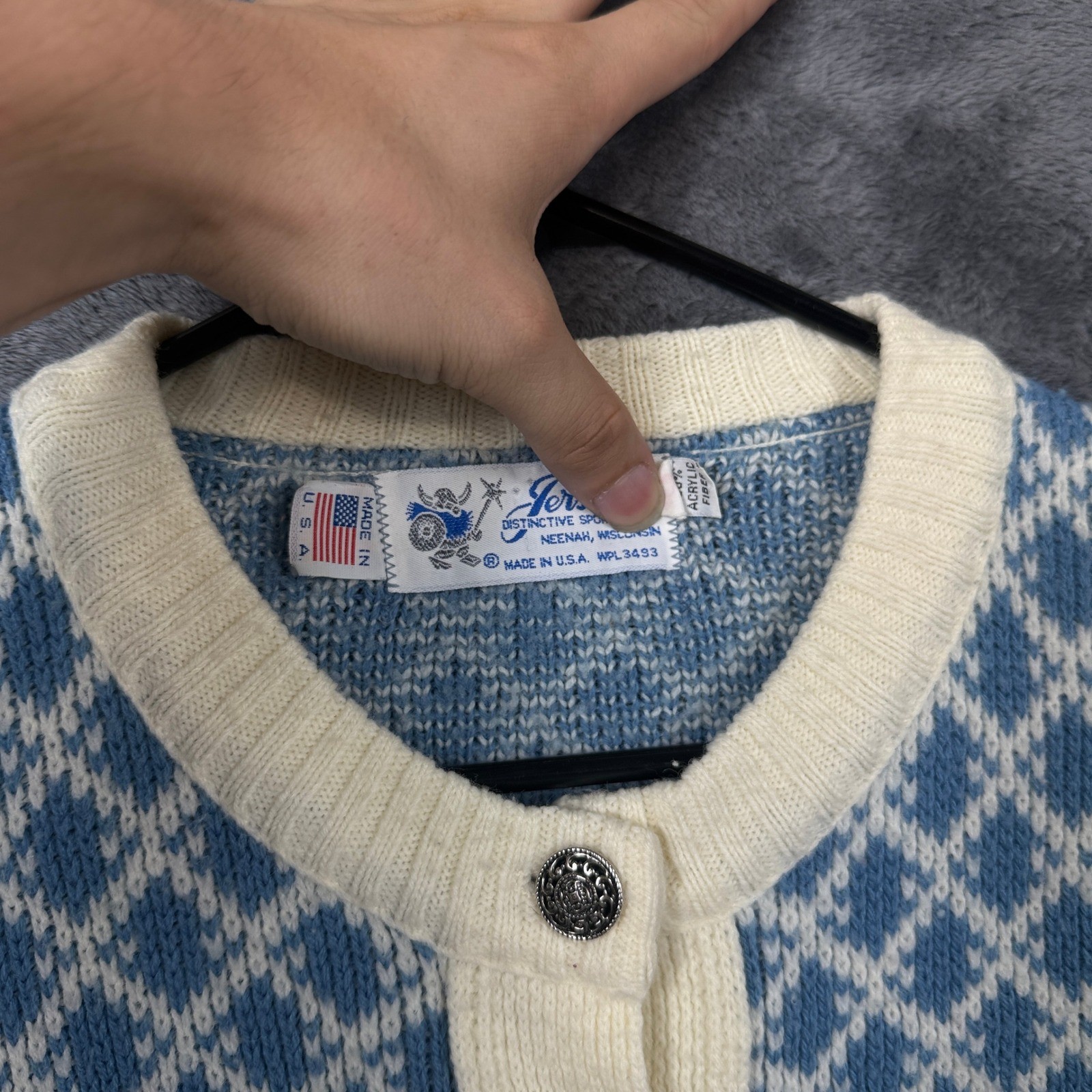 Jersild Cardigan Sweater Women 40 Blue Fair Isle Knit Vintage Made in USA Button