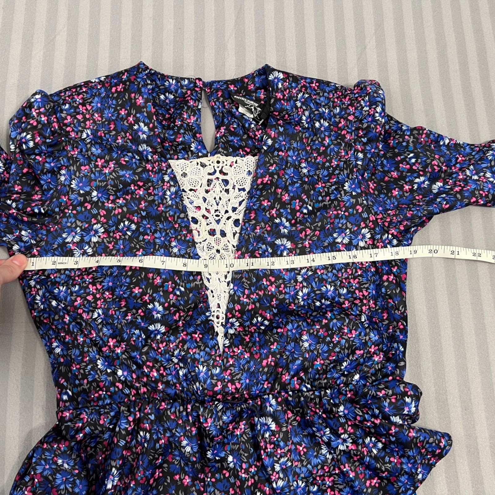 80s Vintage Floral Peplum Dress Midi 12P Blue Pink Lace Inset Belted Made USA