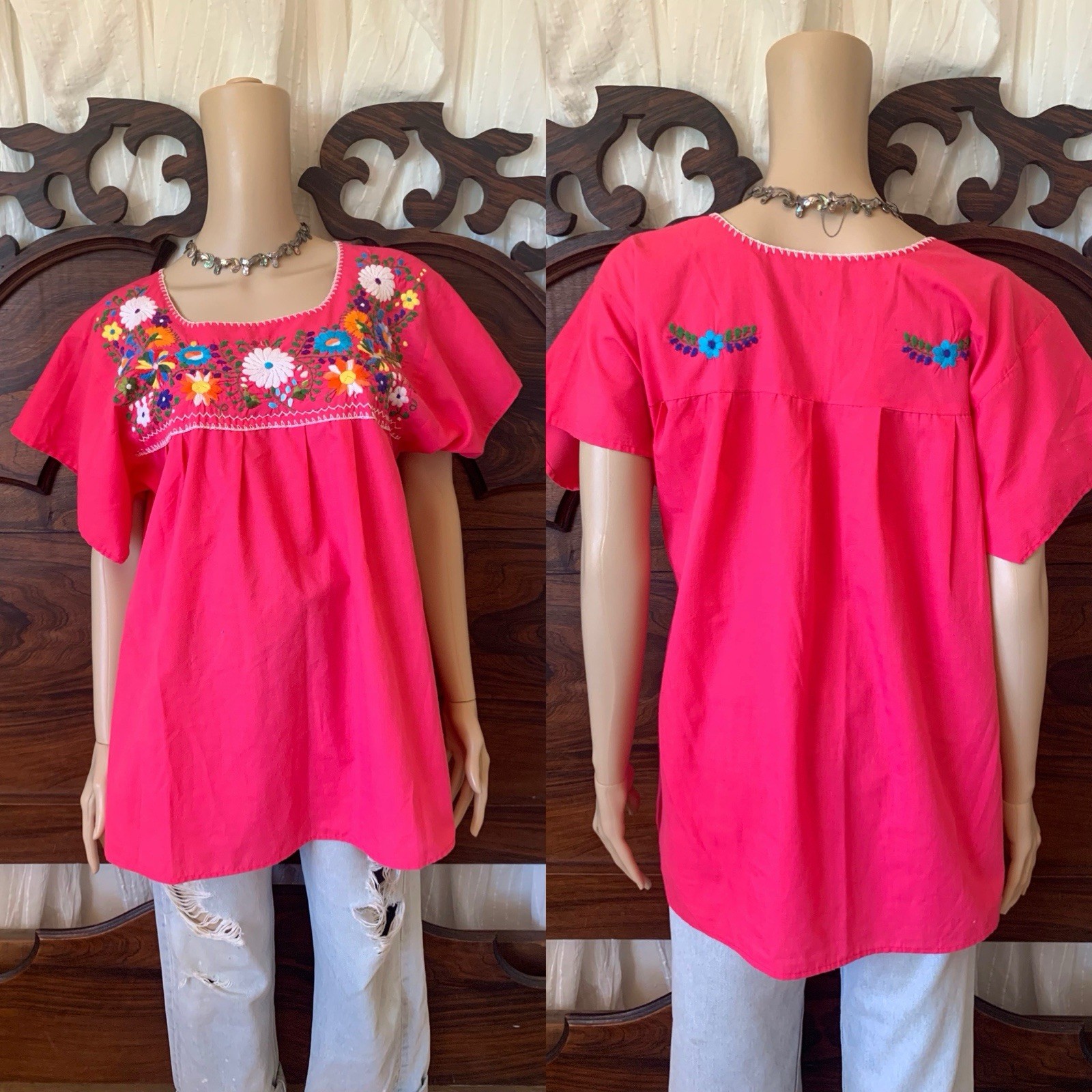 Vintage 80s 90s Mexican pink & multicolor floral embroidered cotton top blouse