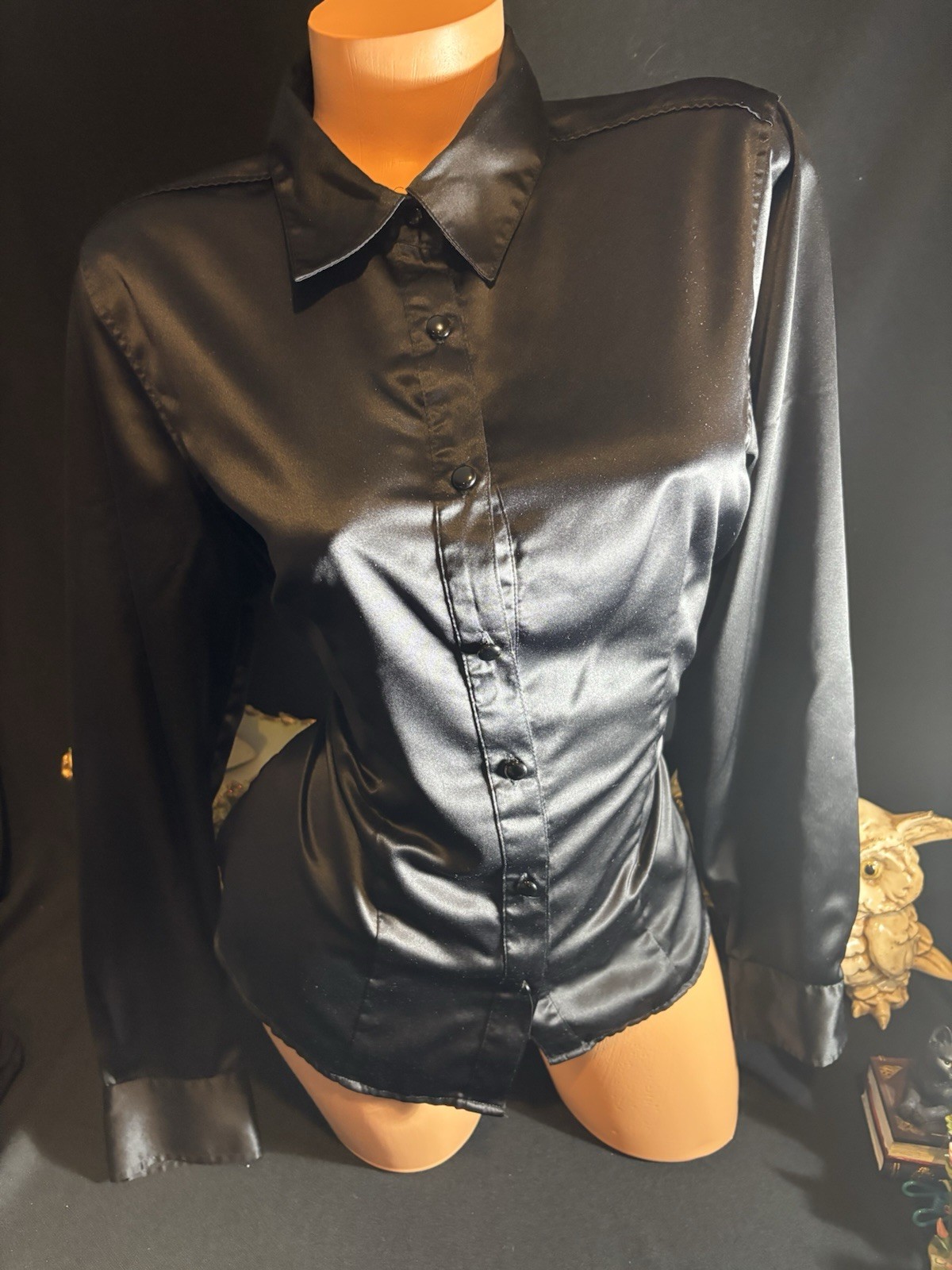 Satin Shiny CUFFS Shirt Notch Collar OFFICE BUTTON UP BLOUSE 12
