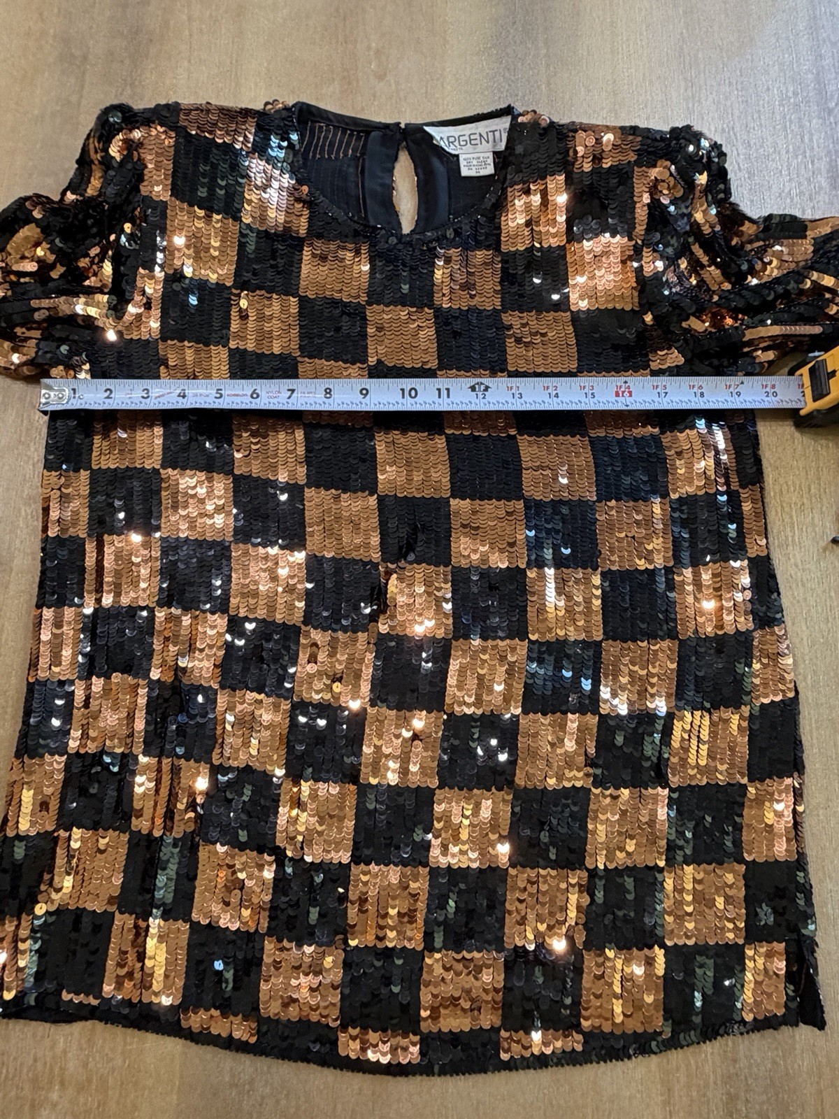 Vintage Silk Black Gold Copper Checkerboard Sequin Blouse Argenti Notte Medium