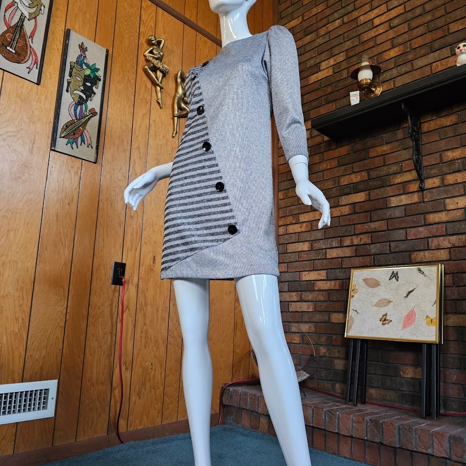 Vtg 80s New Wave Glam Punk Avant Garde Striped Micro Mini Knit Shift Dress XS/S