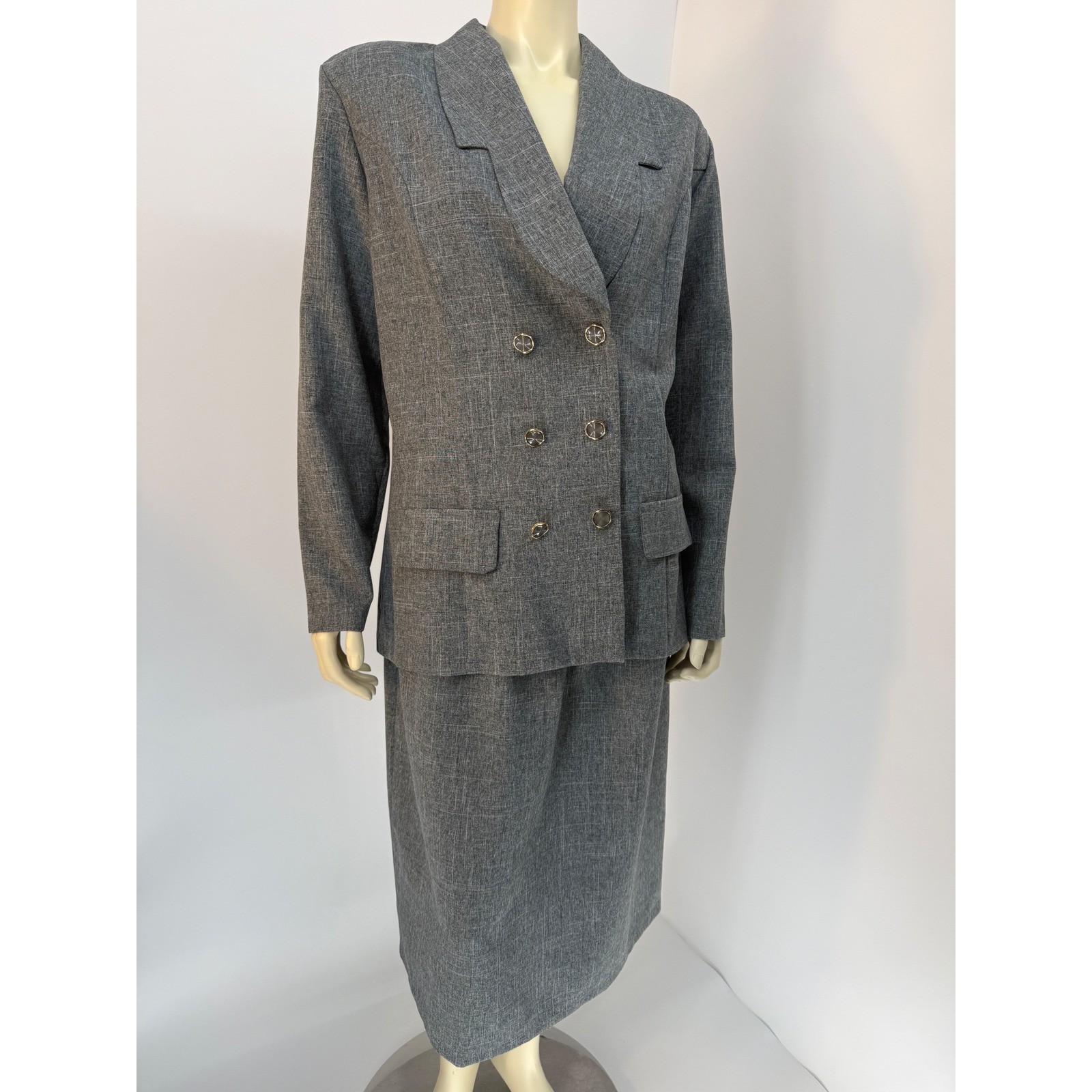 Vintage 80s Prelude Grey Skirt Suit Power Suit Size 16 Bold Shoulder Lightweight