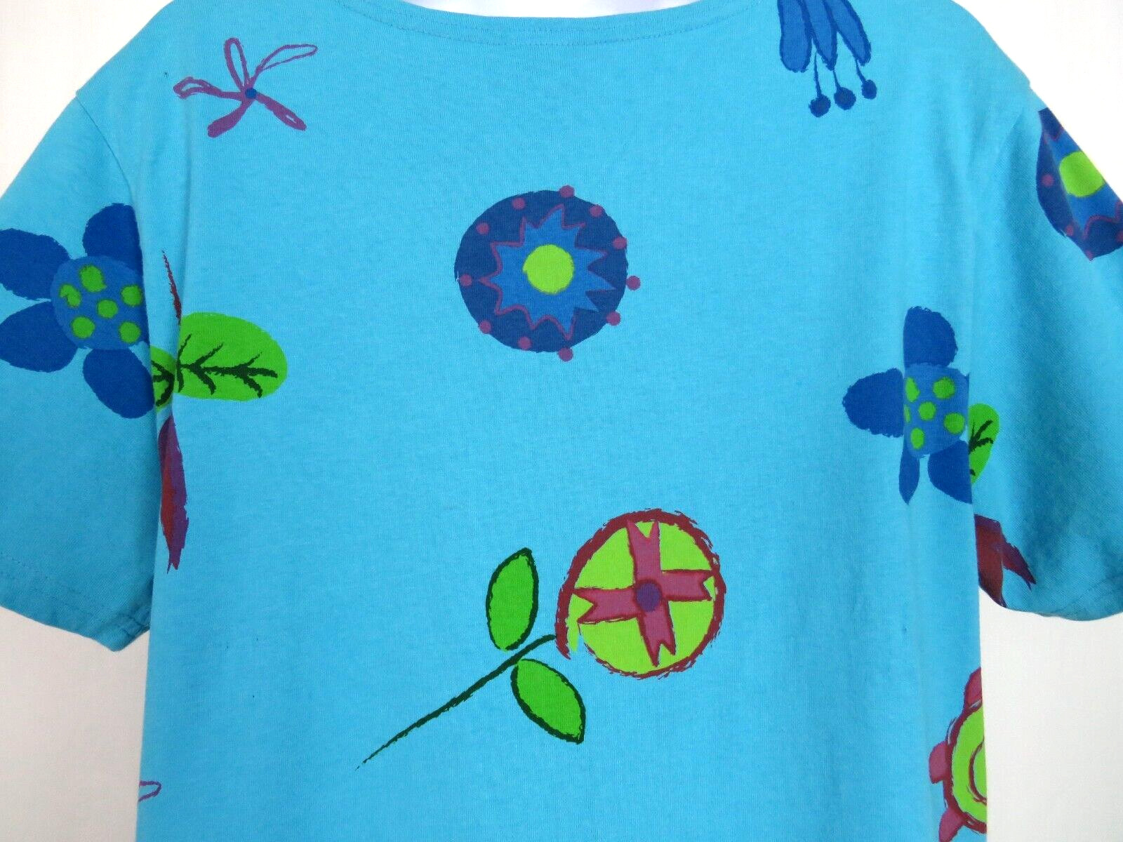 VTG 1980s 90s RED GINGER MEDIUM COTTON DRESS MOD FLOWERS ROPE BELT AQUA BLUE