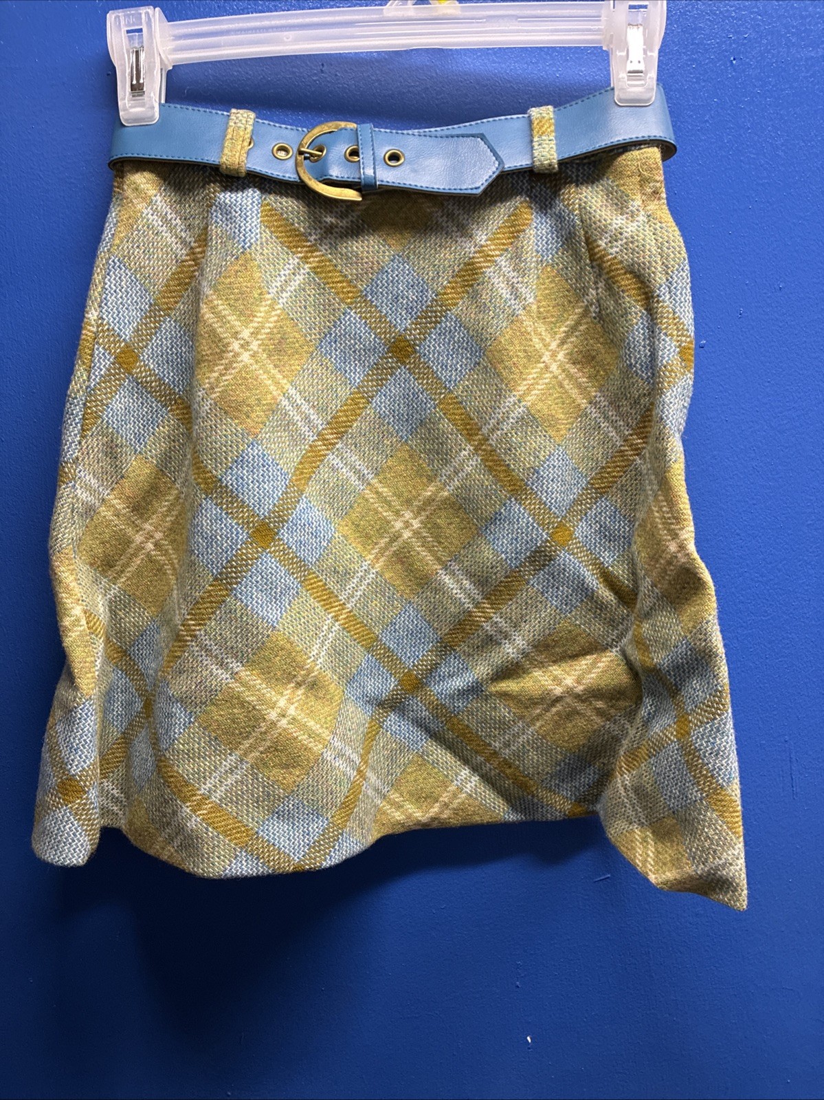 Vintage Light Blue & Olive Green Plaid Mini Skirt w/ Blue Belt – Waist Size 24
