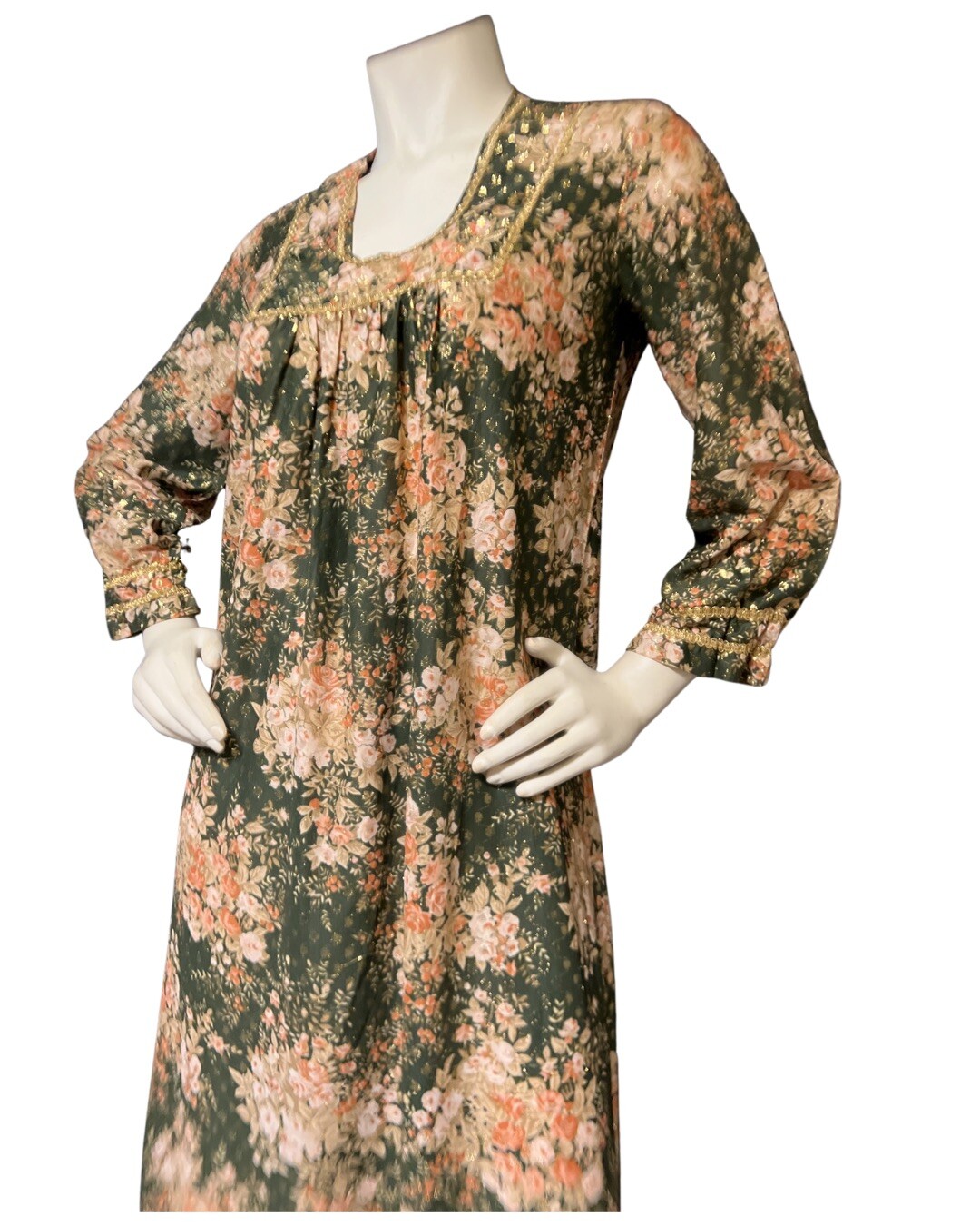 60s Vintage Green Gold Metallic Lame Floral Bouquet Caftan Dress S/M MAXI