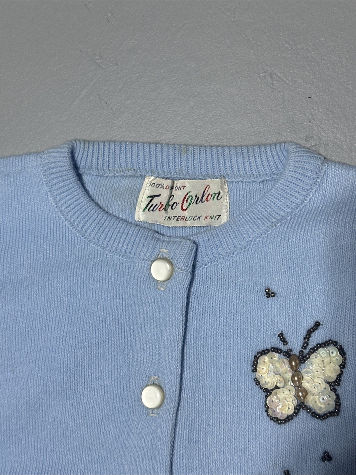 NOS Vtg 1950s Turbo Orlon Cardigan Sweater Baby Blue New 34 Sequined Butterfly
