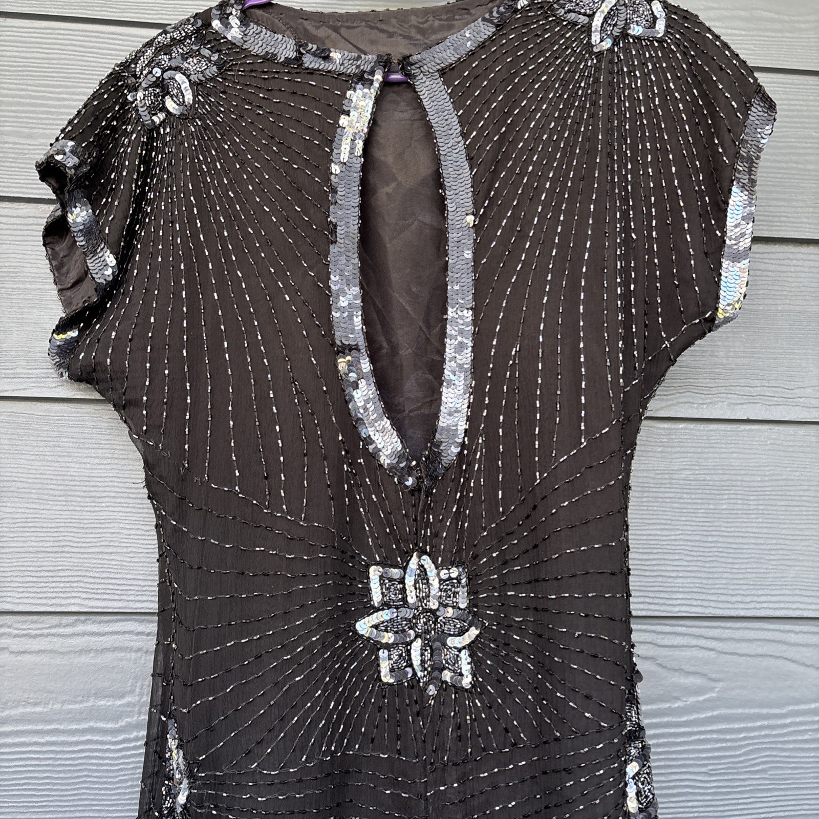 Vintage John Charles London Evening Gown Dress, Black Beaded Sequins, Size US-6
