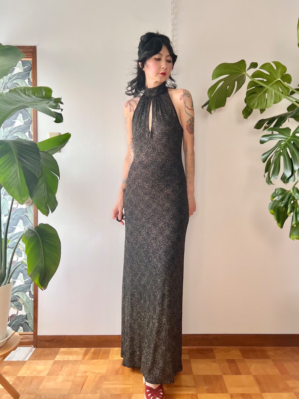 90s Does 70s Caché Open Back Black Glitter Keyhole Halter Maxi Dress Disco Gown