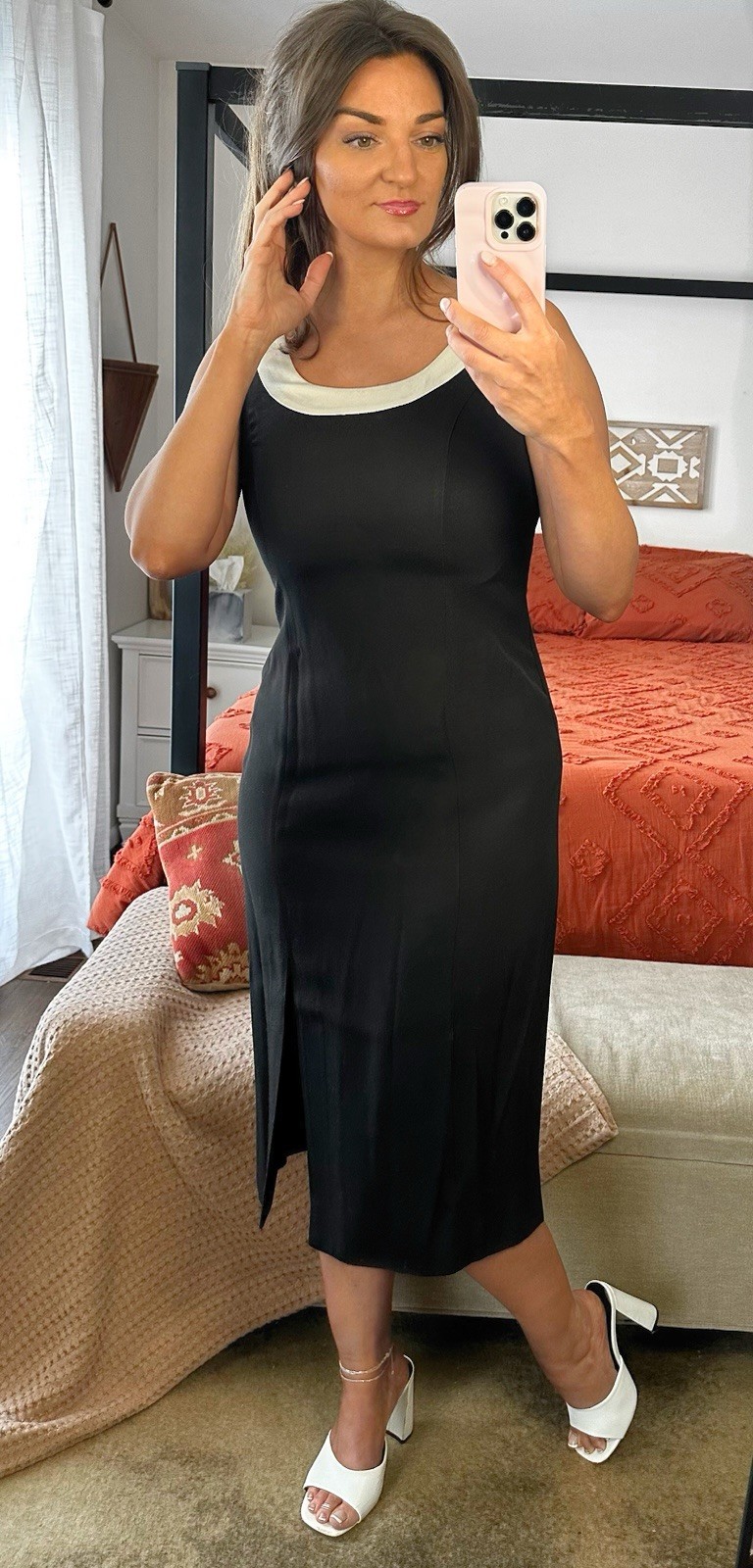 Vintage Virgo II Size 8 Black White Contrasting Trim Midi Dress Slit
