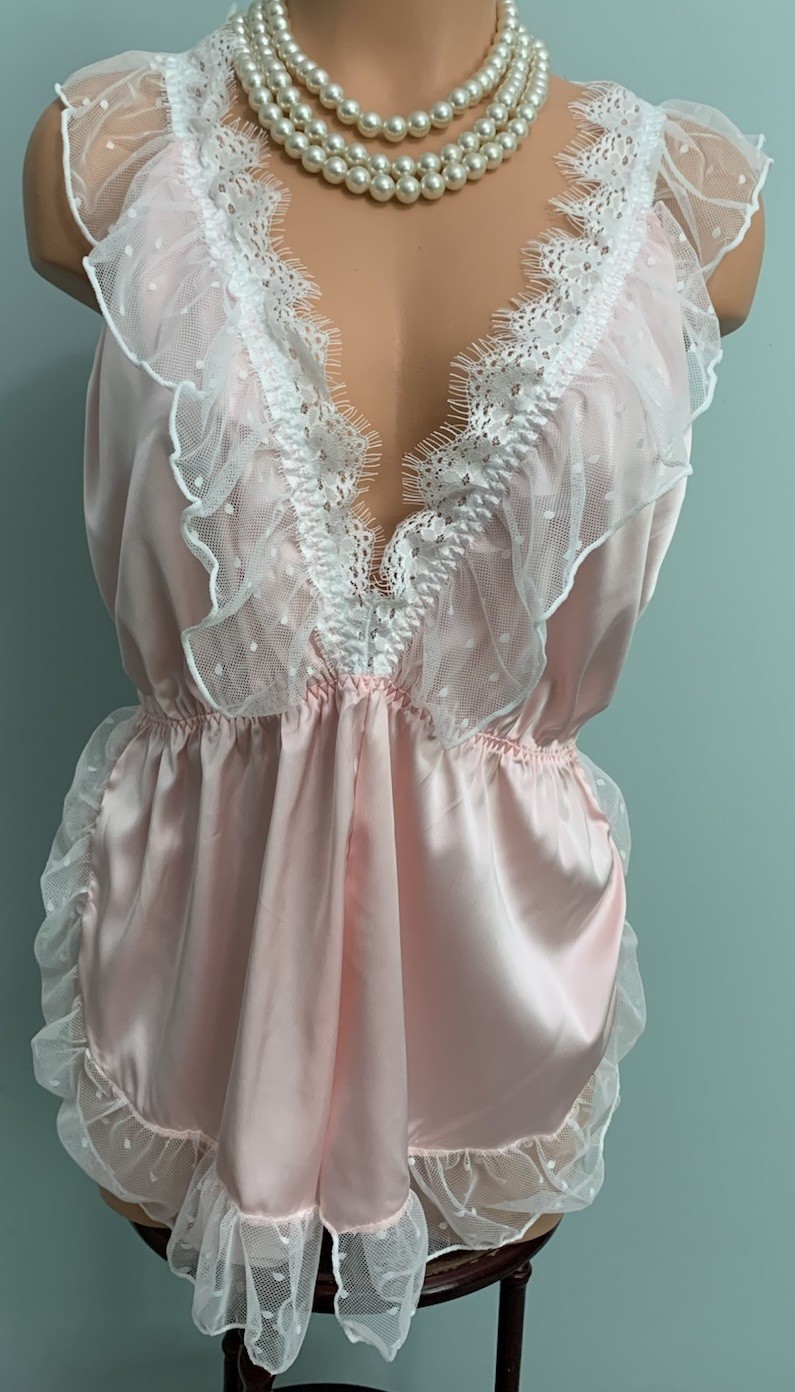 NEW GloSSy Satin Romper Bodysuit Teddy 2X Frilly SOFT Pink Polkadot Fairycore