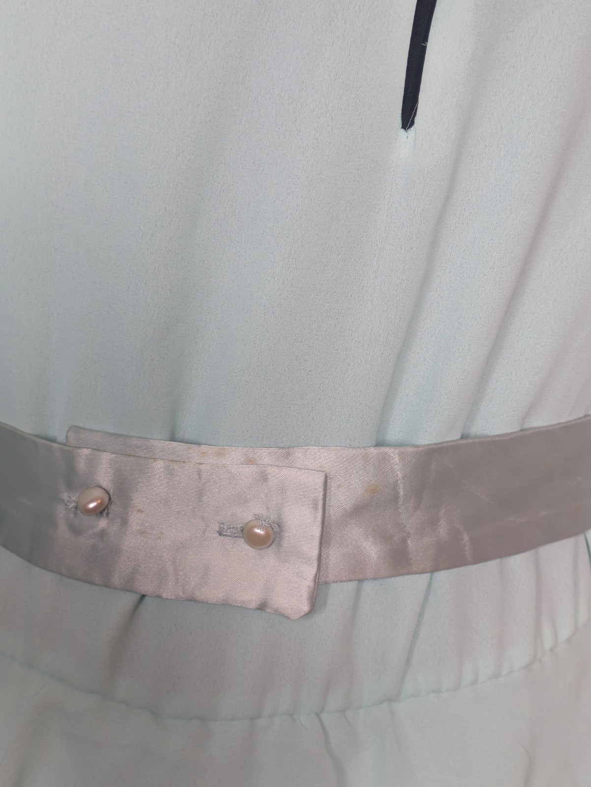 Vtg Petites By Demaro Seafoam Formal Chiffon Embroidery Pearl Ribbon Dress Sz 13