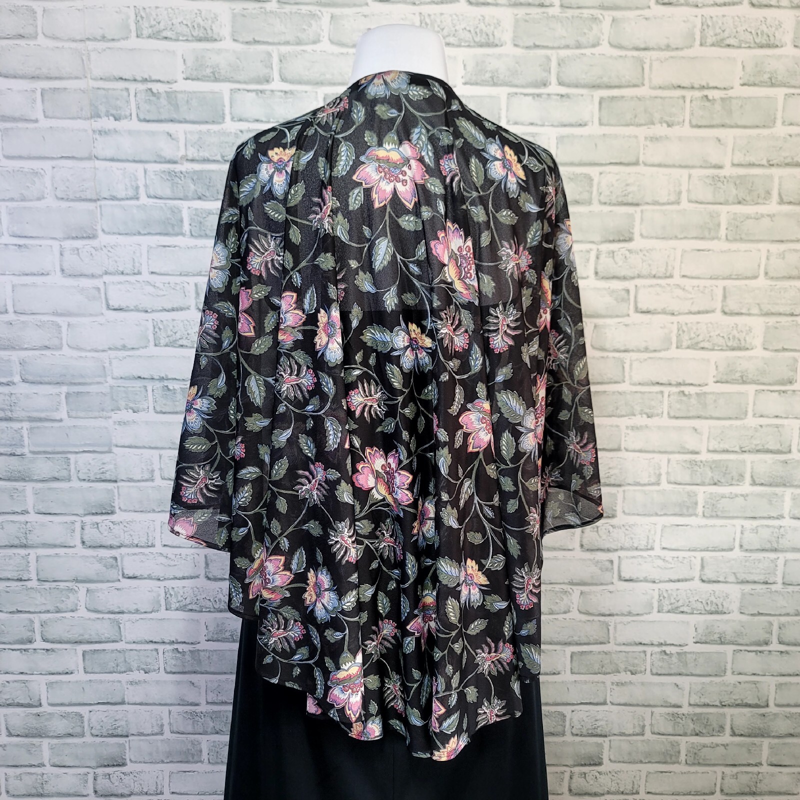 Vintage 70s Black Floral Capelet Disco Maxi Dress Pink Flower Accent Sleeveless