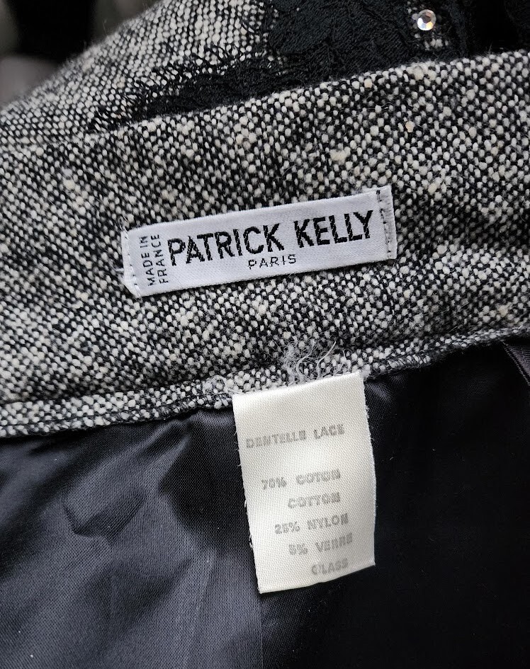 VTG Patrick Kelly Paris F/W 1989 Lace & Wool Tweed Runway Skirt