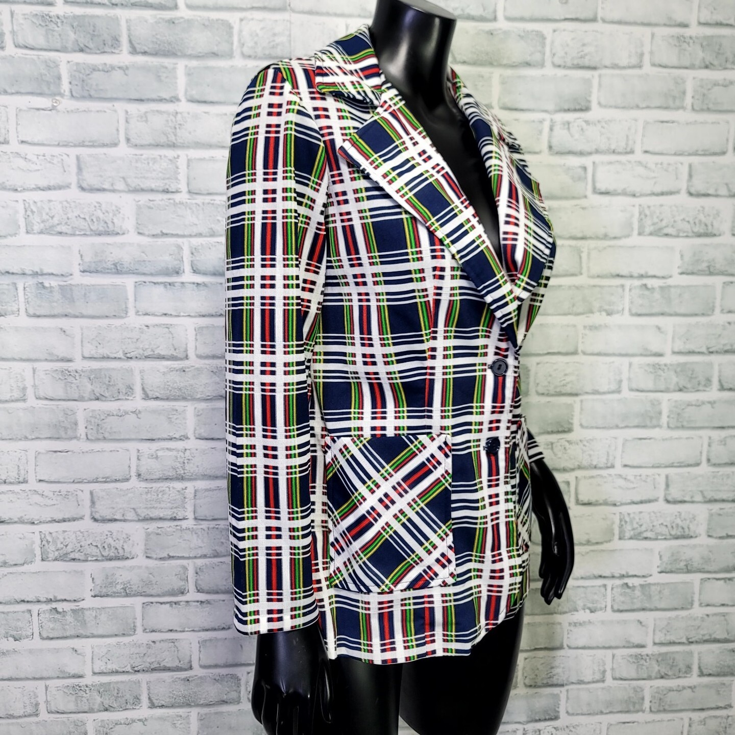 Vintage 70s Womens Colorful Plaid Double Knit Polyester Blazer Disco Career Cas