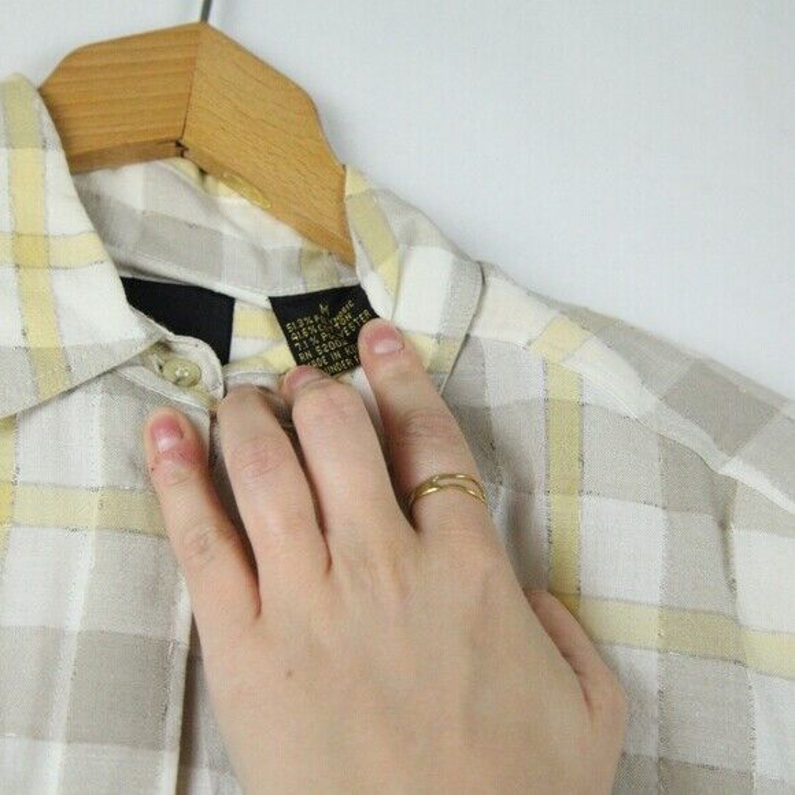 Vintage 90s Medium Button Up Top Butter Yellow Plaid Preppy Oversized Boyfriend