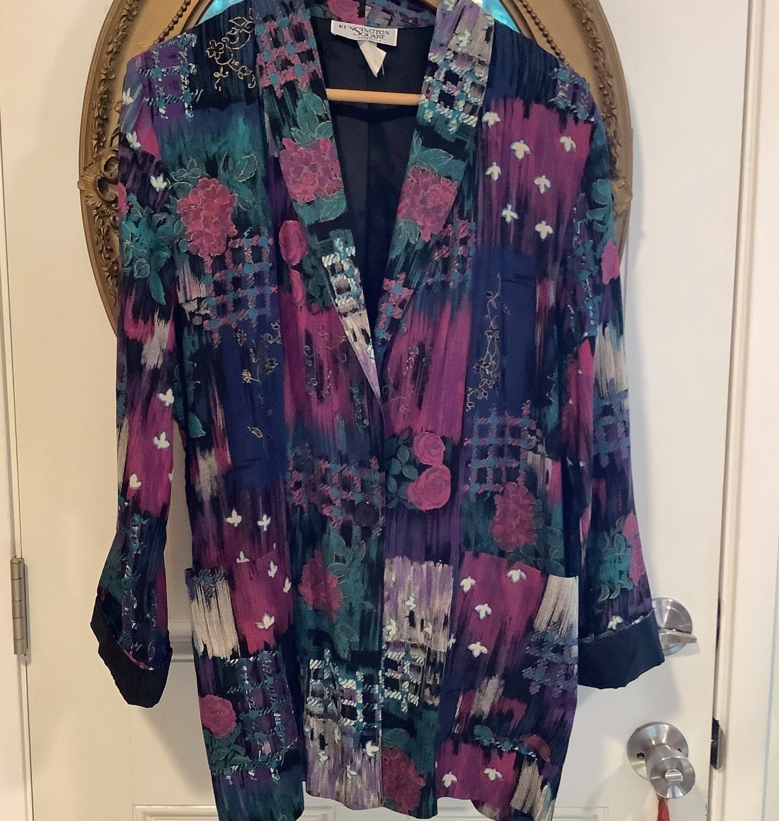 Kensington Square teal purple floral women blazer jacket size M new wave 80s