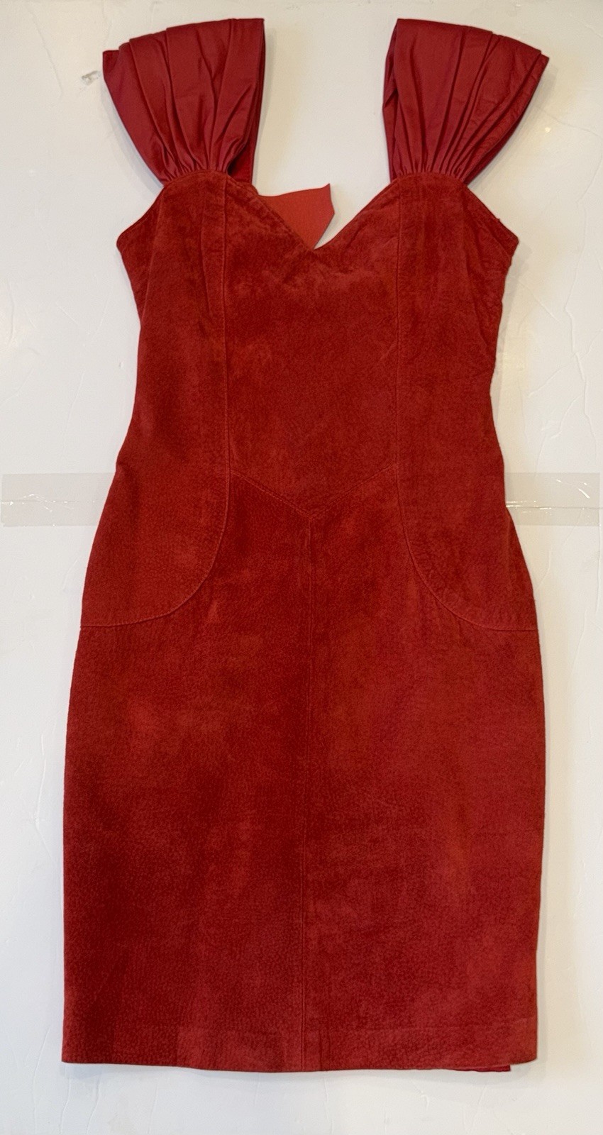 VTG 90’s Leather Ranch Red Mini Suede Cocktail Dress Padded Shoulders Sz 0 NWT