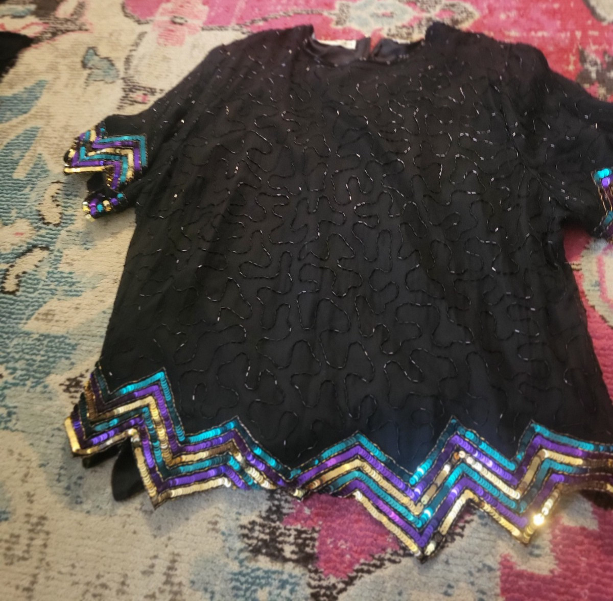 Womens 3X black purple gold beaded Mardia Gras Plus vtg blouse top Scala sequins