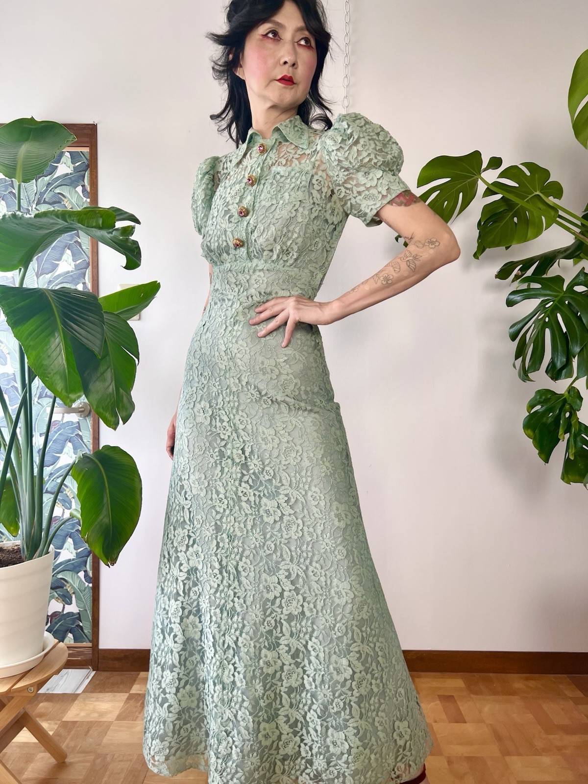 1930s Seafoam Green Floral Sheer Lace Puff Sleeves Gown Dress XS/S Old Hollywood