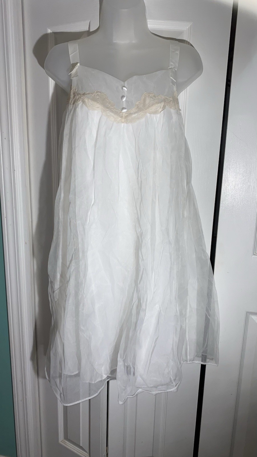 Vintage Nightie Cream And White Lace Sheer M Nightgown Lined Layered USA AA14