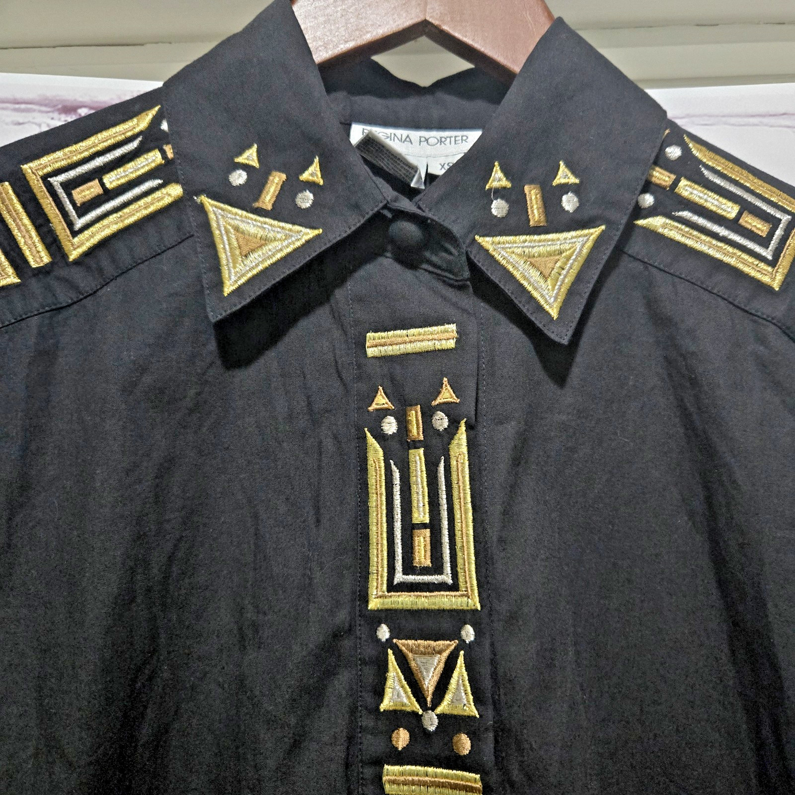 Regina Porter Womens XS Vintage Blouse Black With Metallic Aztec Geometric 80s