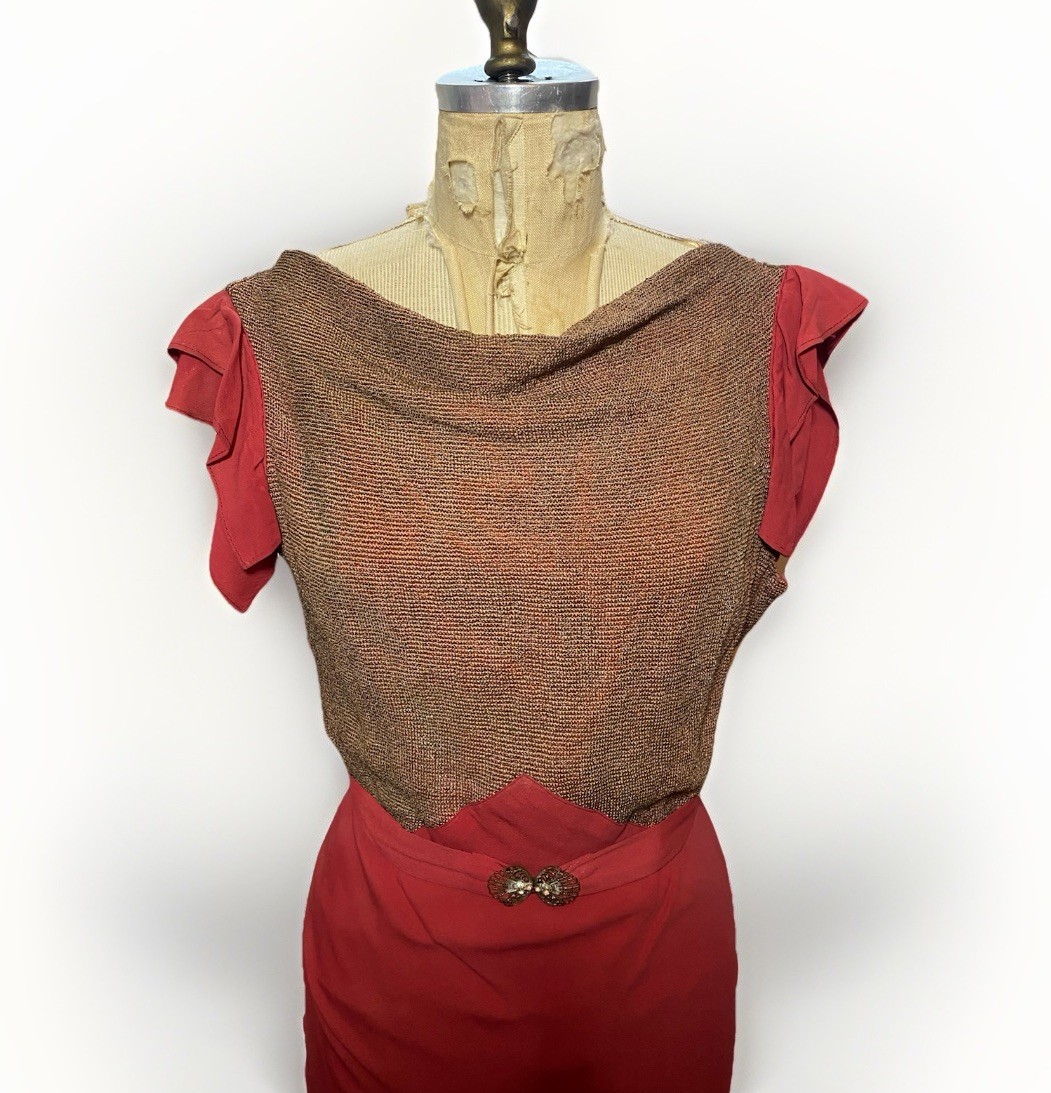 Vintage 1930s Bias Cut Red Rayon Crepe Woven Metallic Knit Evening Gown Dress