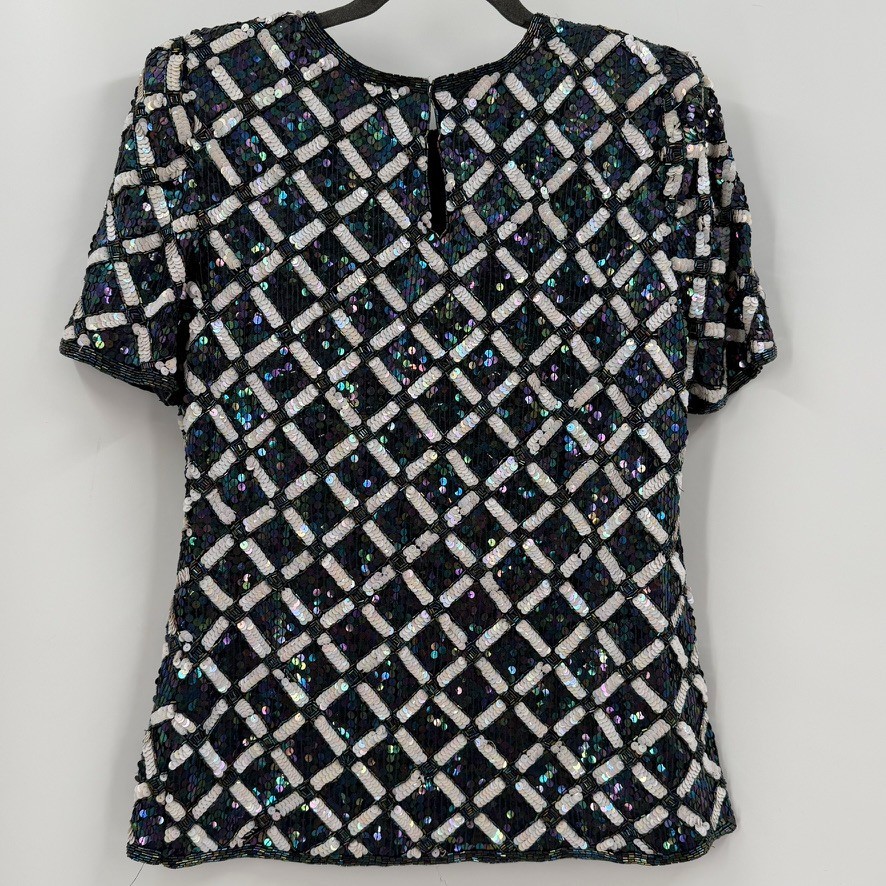 VTG Lawrence Kazar Womens M Silk Sequin Beaded Top Glam Cocktail Party