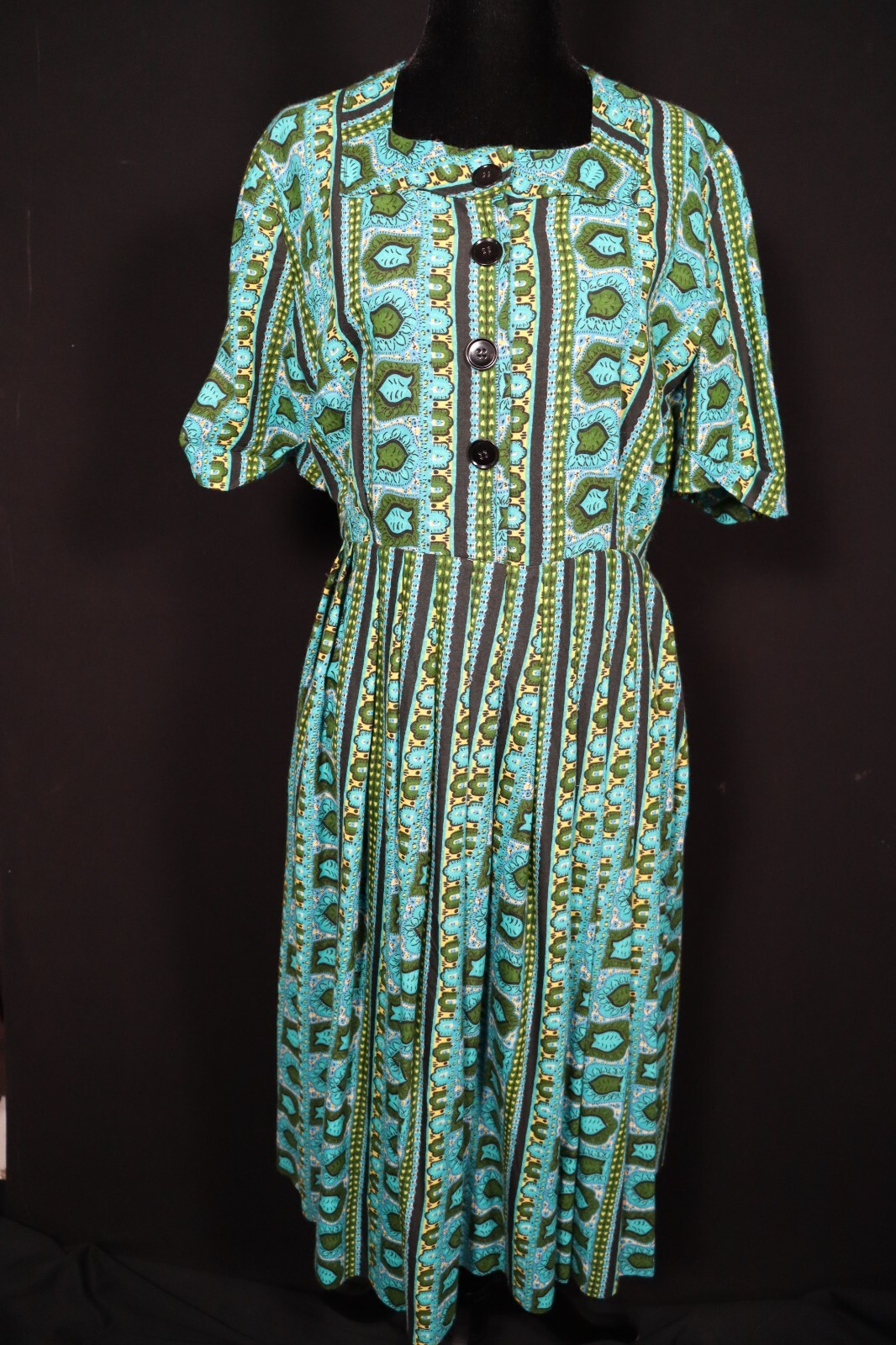 Rare Vintage 1950’s French Green, Blue & Yellow Cotton Print Dress Size 10-12